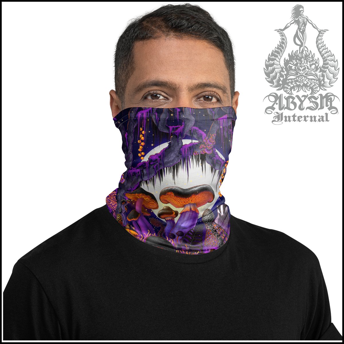 Halloween Neck Gaiter, Purple Mushrooms Face Mask, Whimsigoth Printed Head Covering, Magic Shrooms Art Gift, Indie Festival Outfit - Abysm Internal