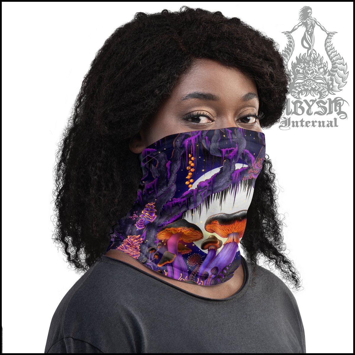 Halloween Neck Gaiter, Purple Mushrooms Face Mask, Whimsigoth Printed Head Covering, Magic Shrooms Art Gift, Indie Festival Outfit - Abysm Internal