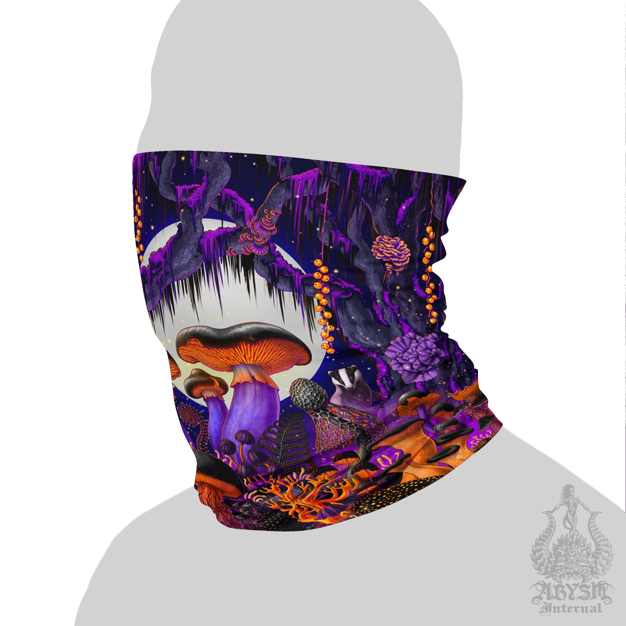 Halloween Neck Gaiter, Purple Mushrooms Face Mask, Whimsigoth Printed Head Covering, Magic Shrooms Art Gift, Indie Festival Outfit - Abysm Internal