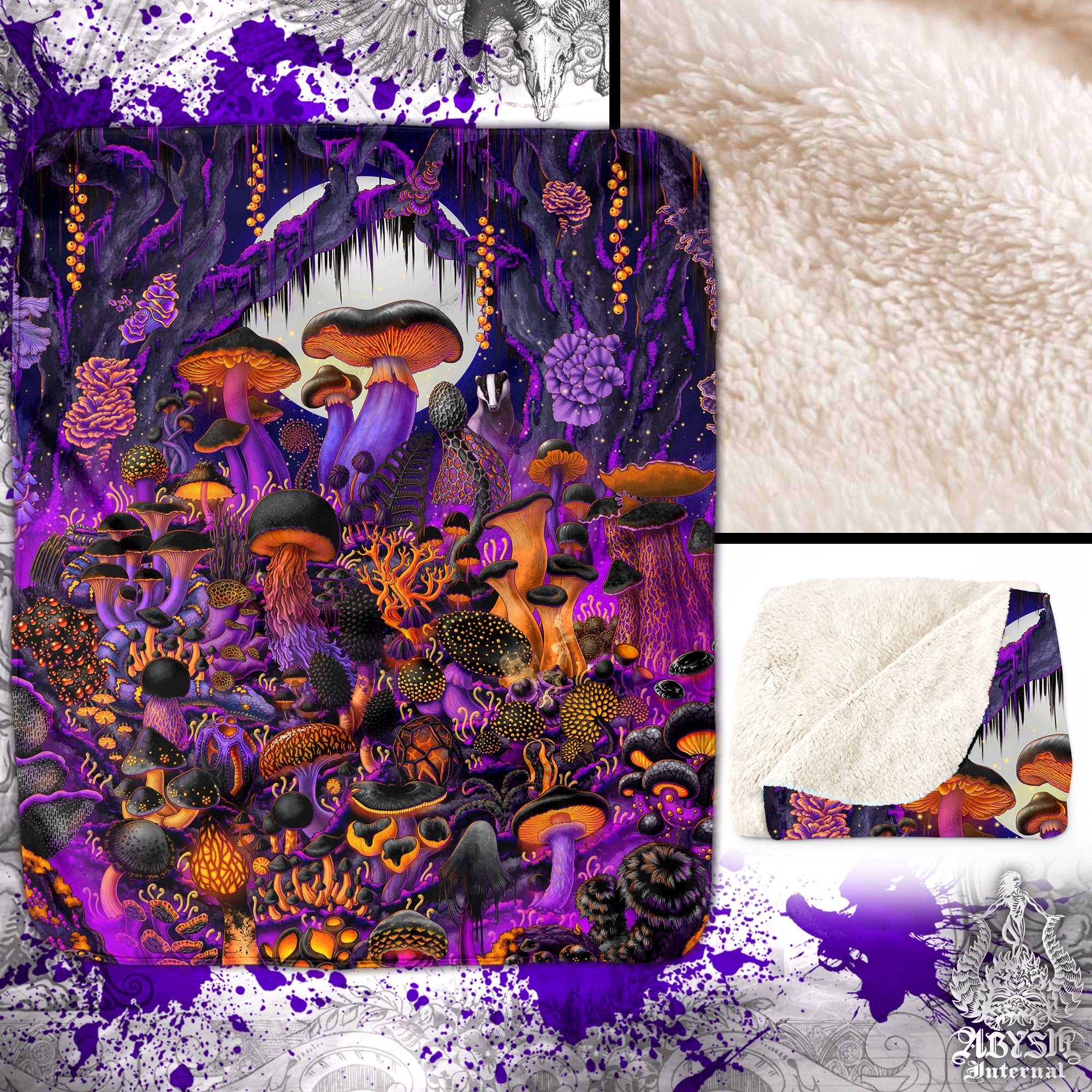 Halloween Sherpa Fleece Throw Blanket, Mushrooms Forest, Mycologist Gift, Alternative Home Decor - Purple Magic Shrooms - Abysm Internal