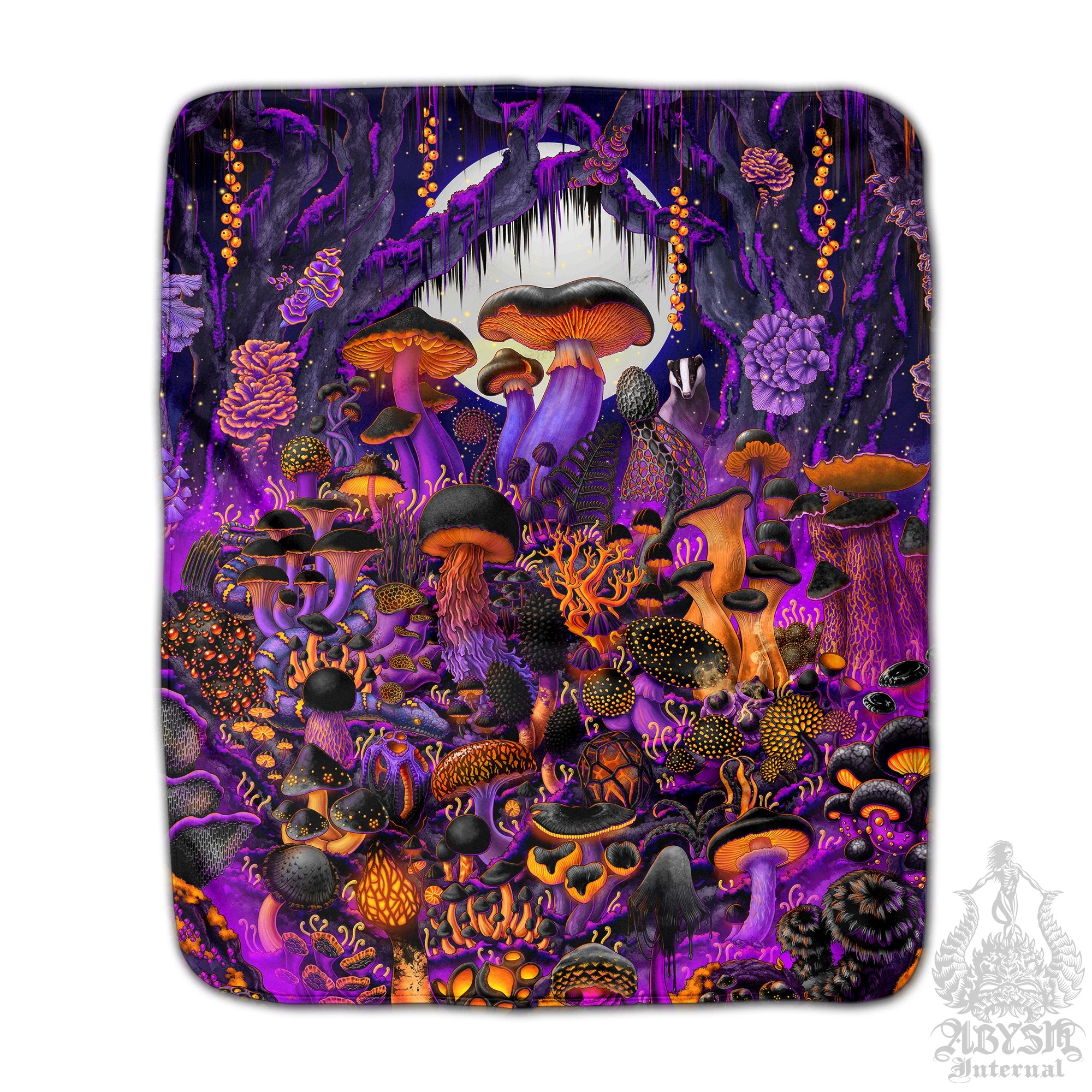 Halloween Sherpa Fleece Throw Blanket, Mushrooms Forest, Mycologist Gift, Alternative Home Decor - Purple Magic Shrooms - Abysm Internal