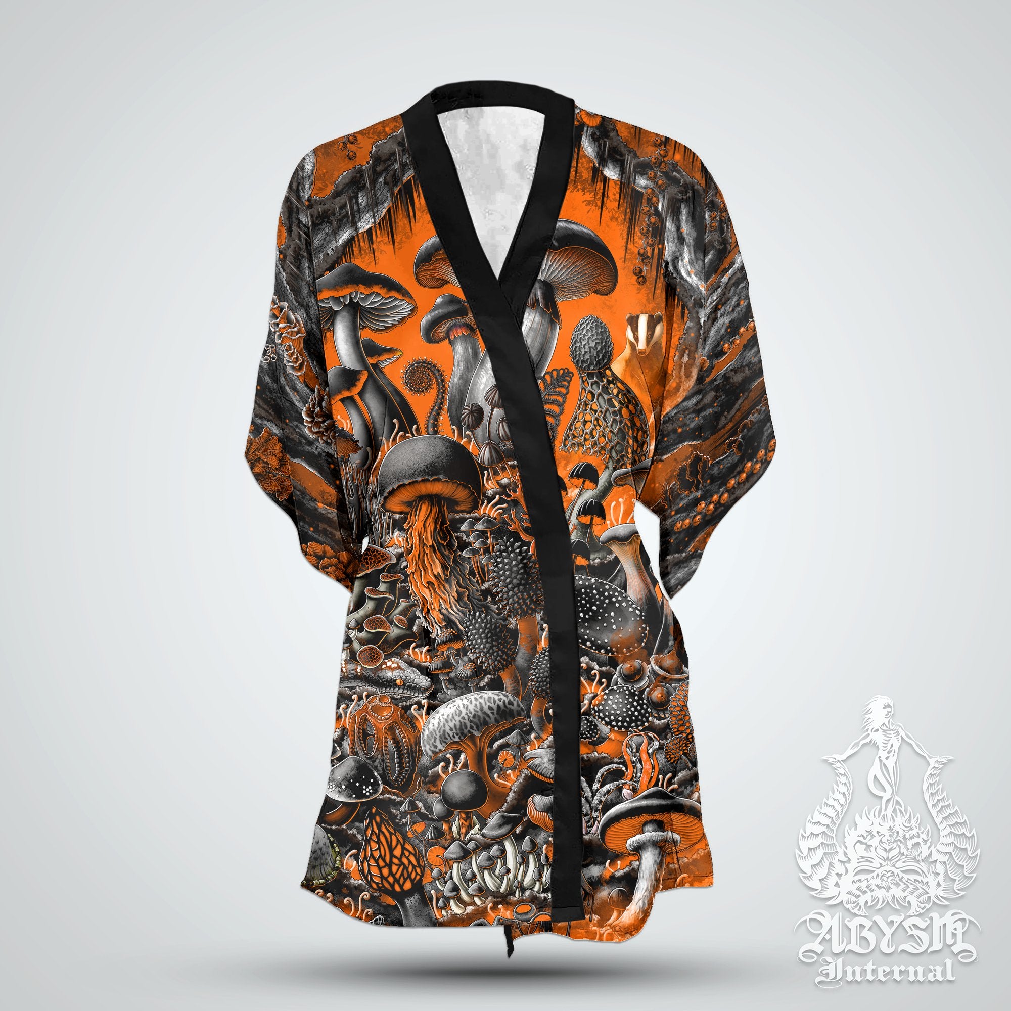 Halloween Short Kimono Robe, Orange Mushrooms Outfit, Magic Shrooms Coverup, Summer Festival Gift, Alternative Clothing, Unisex - Abysm Internal