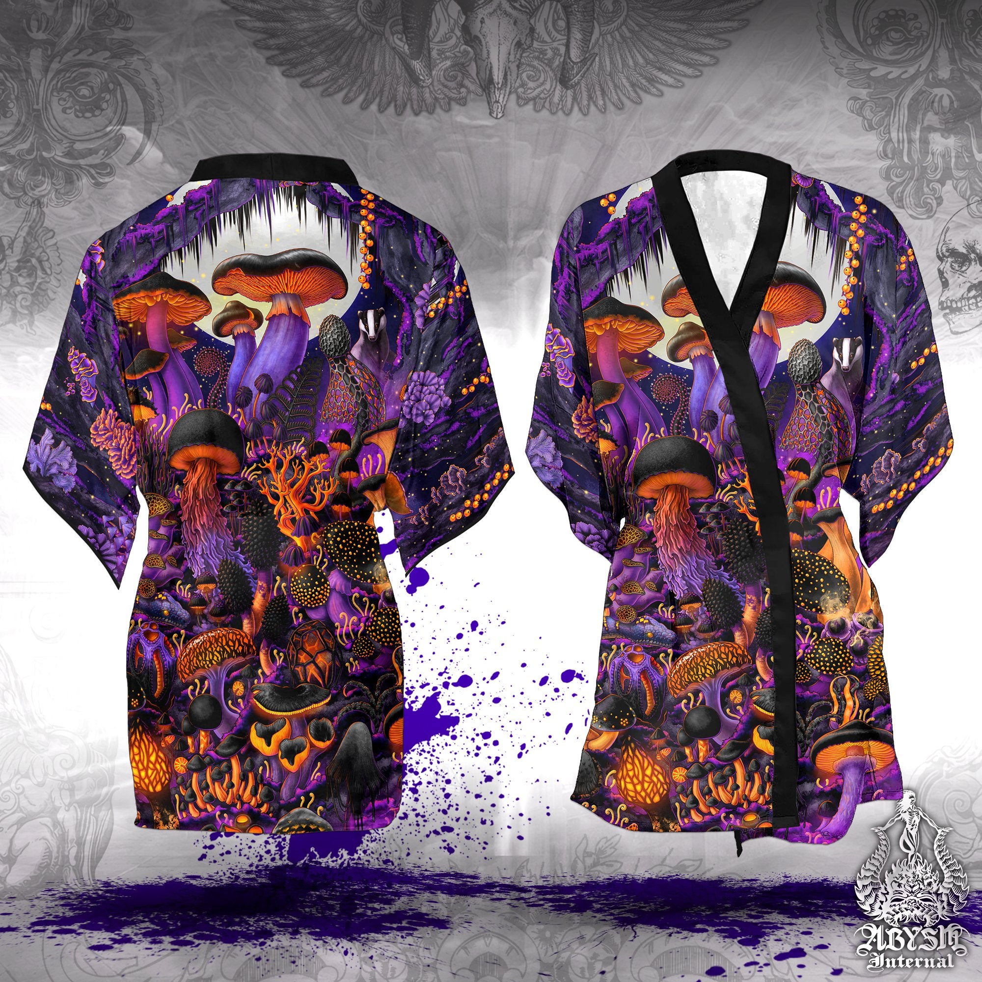 Halloween Short Kimono Robe, Purple Mushrooms Outfit, Magic Shrooms Coverup, Summer Festival Gift, Alternative Clothing, Unisex - Abysm Internal