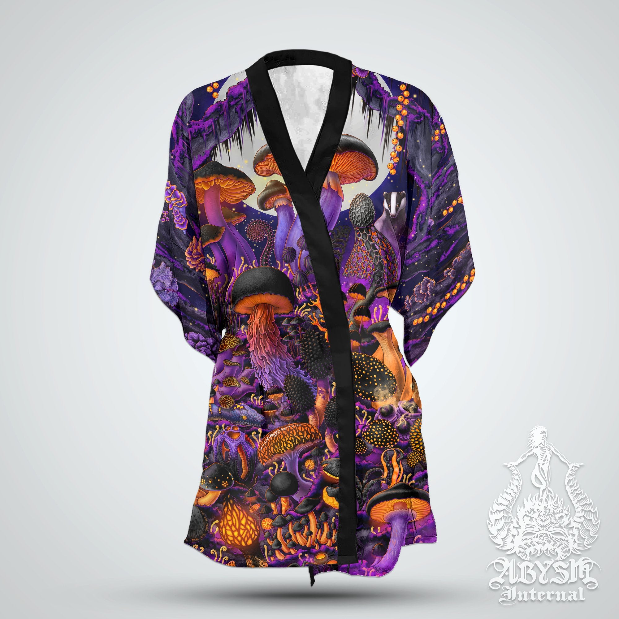 Halloween Short Kimono Robe, Purple Mushrooms Outfit, Magic Shrooms Coverup, Summer Festival Gift, Alternative Clothing, Unisex - Abysm Internal