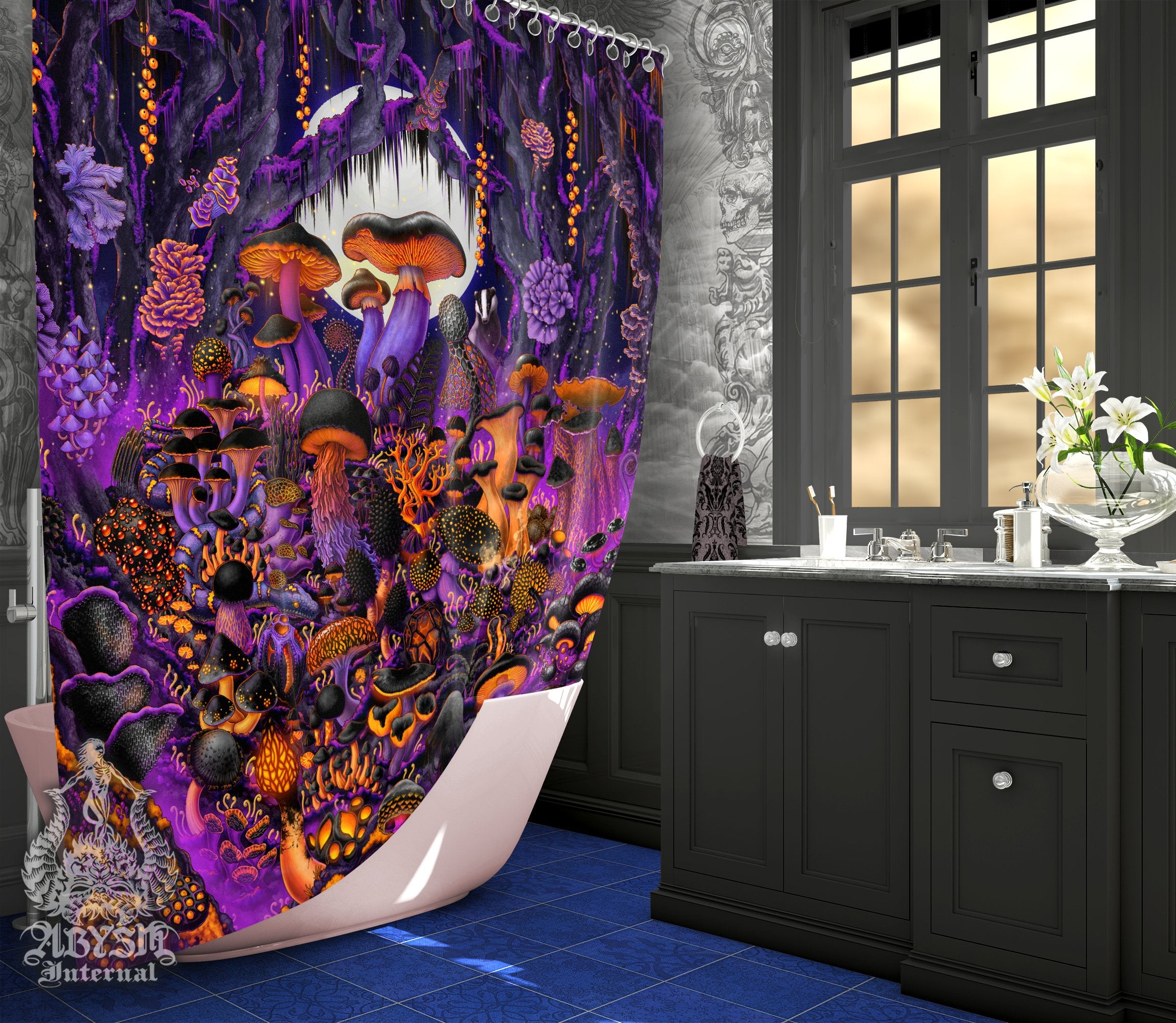 Halloween Shower Curtain, 71x74 inches, Goth Purple Bathroom Decor, Mushrooms Home Art, Mycology Print - Magic Shrooms - Abysm Internal