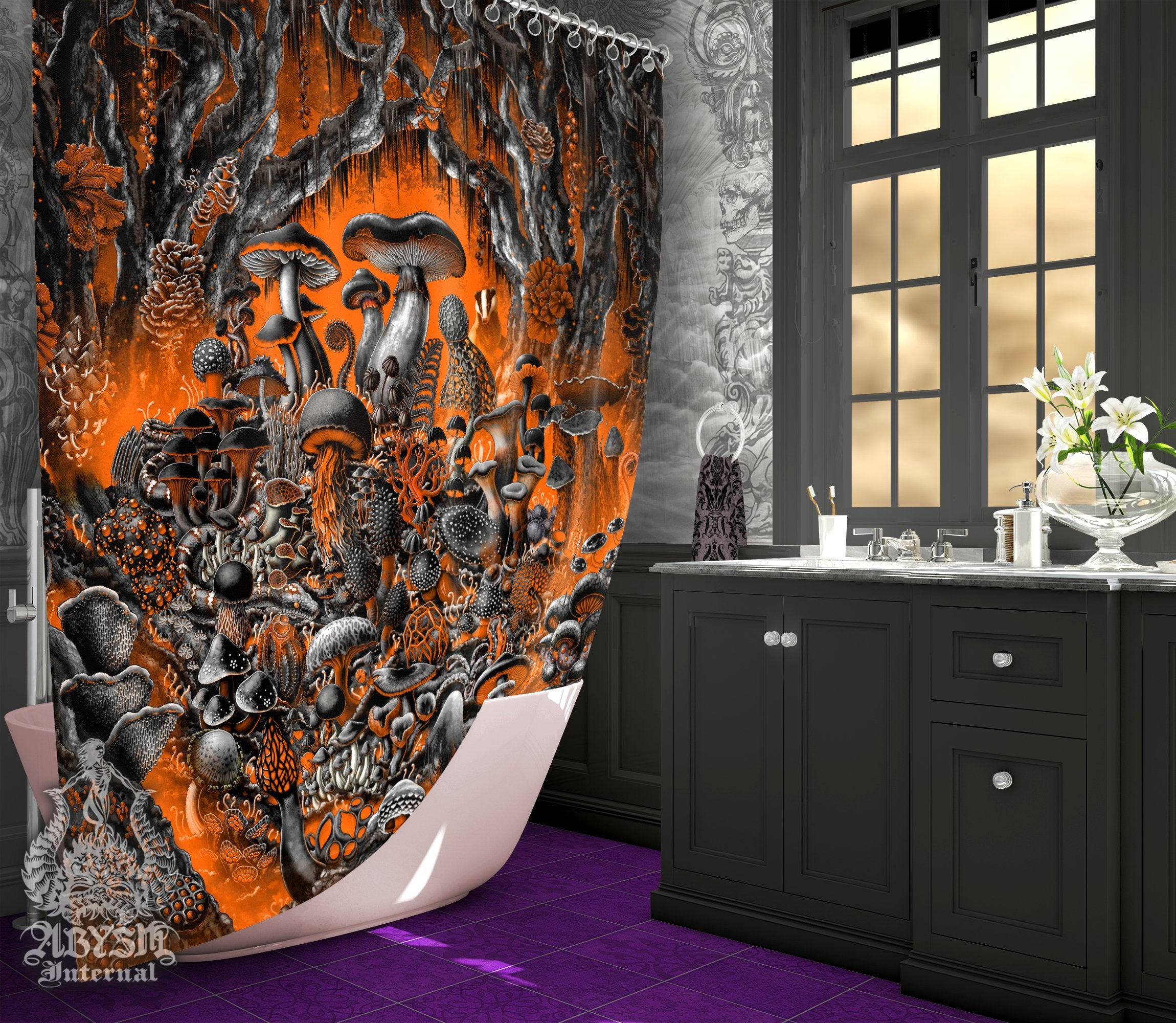 Halloween Shower Curtain, 71x74 inches, Mushrooms Bathroom Decor, Orange and Black Home Art, Mycology Print - Magic Shrooms - Abysm Internal