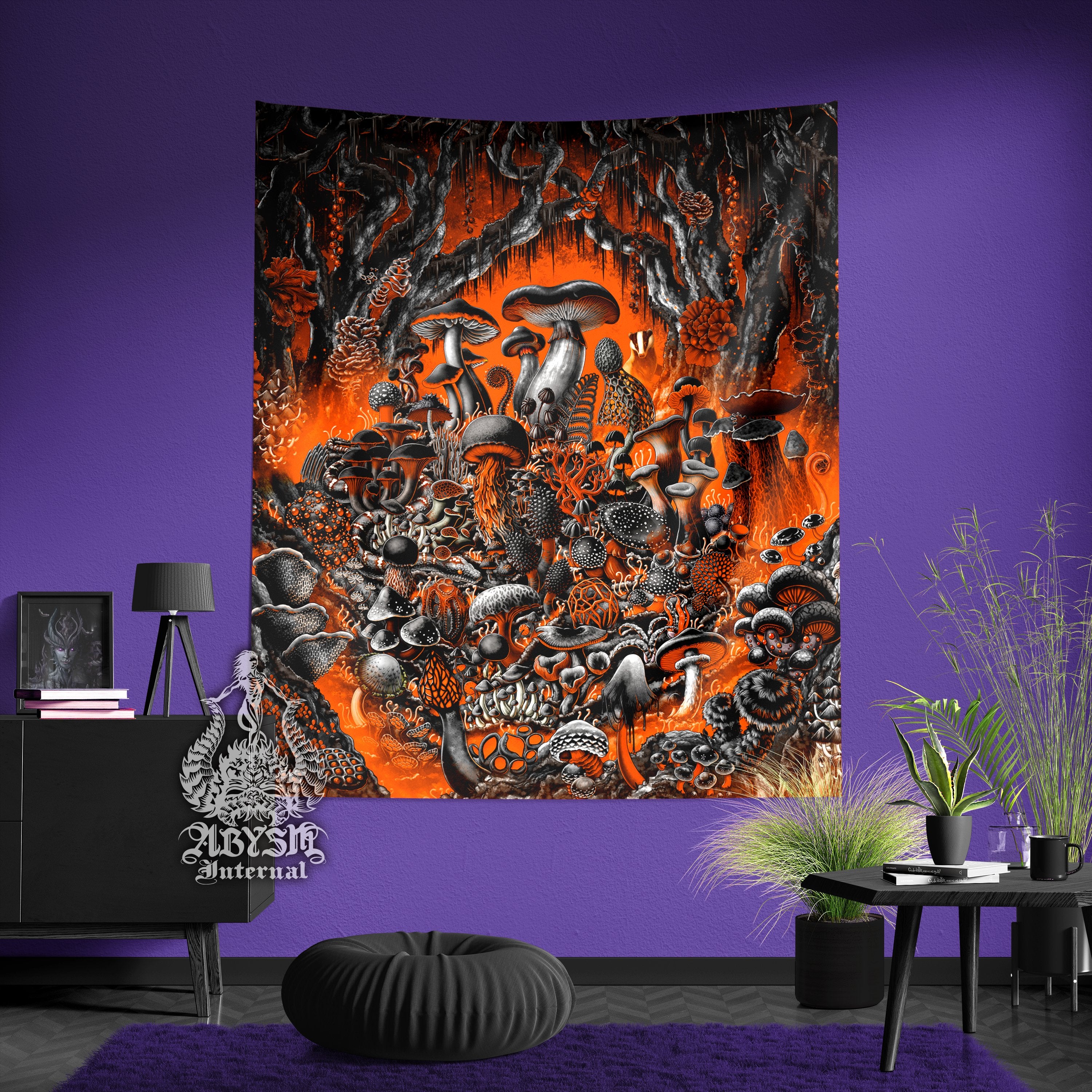 Halloween Tapestry, Mushrooms Wall Hanging, Micology Home Decor, Magic Shrooms Vertical Art Print - Orange - Abysm Internal