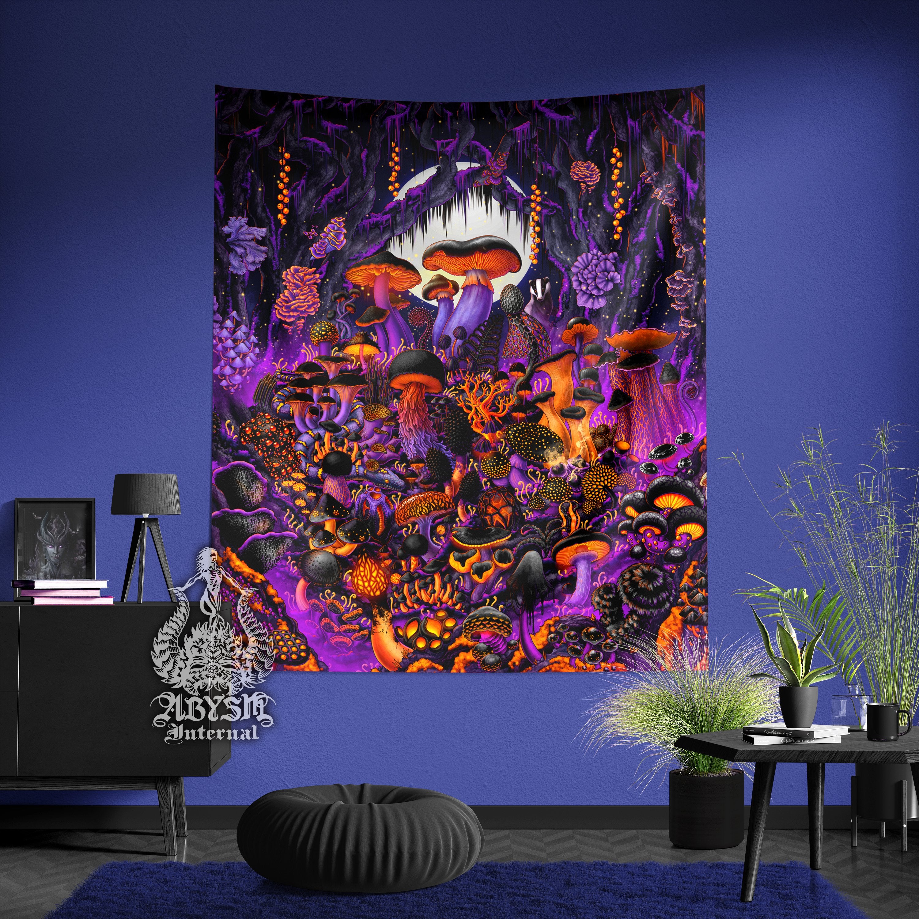 Halloween Tapestry, Whimsigoth Wall Hanging, Witchy Home Decor, Purple Goth Mushrooms Vertical Art Print, Magic Shrooms Gift - Abysm Internal