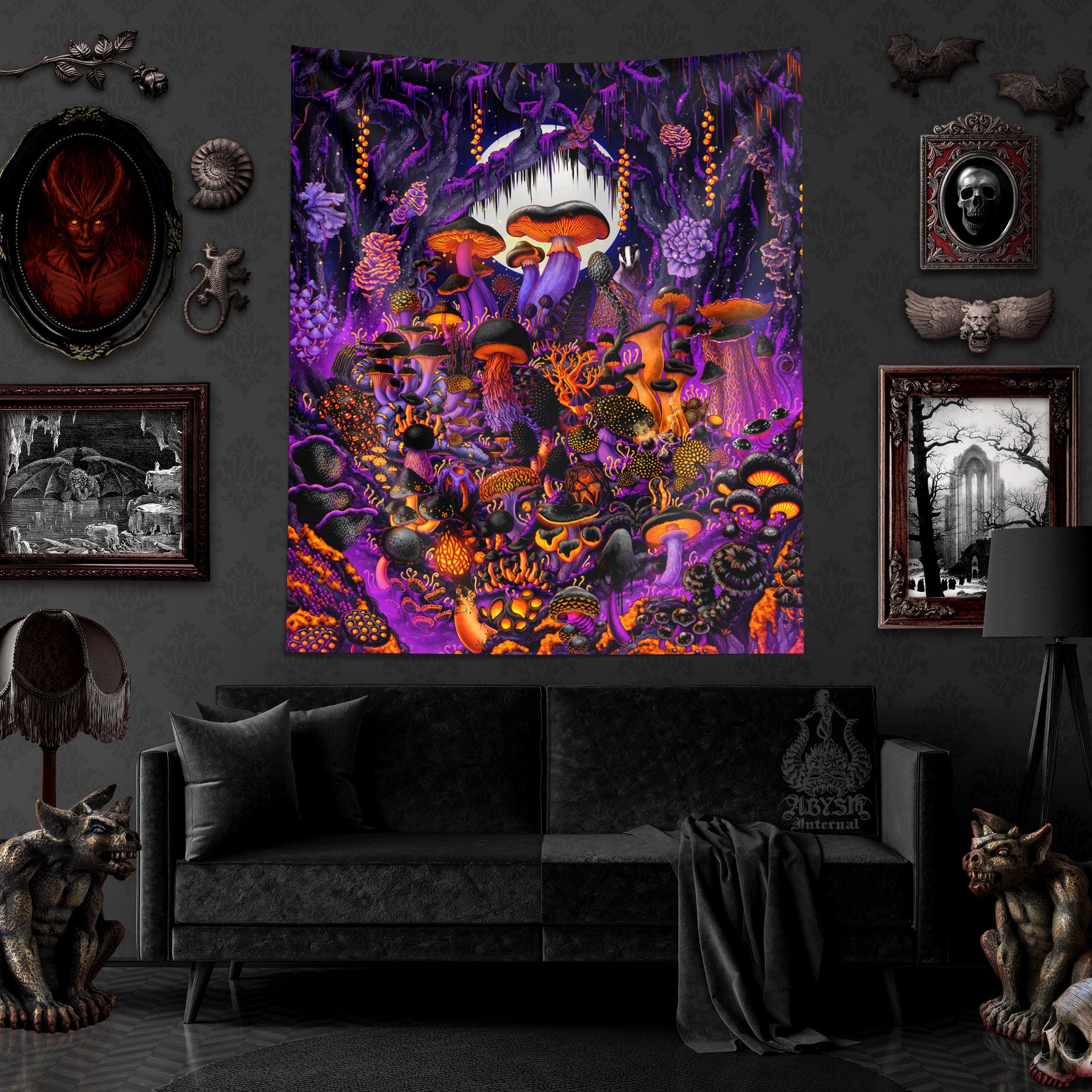 Halloween Tapestry, Whimsigoth Wall Hanging, Witchy Home Decor, Purple Goth Mushrooms Vertical Art Print, Magic Shrooms Gift - Abysm Internal