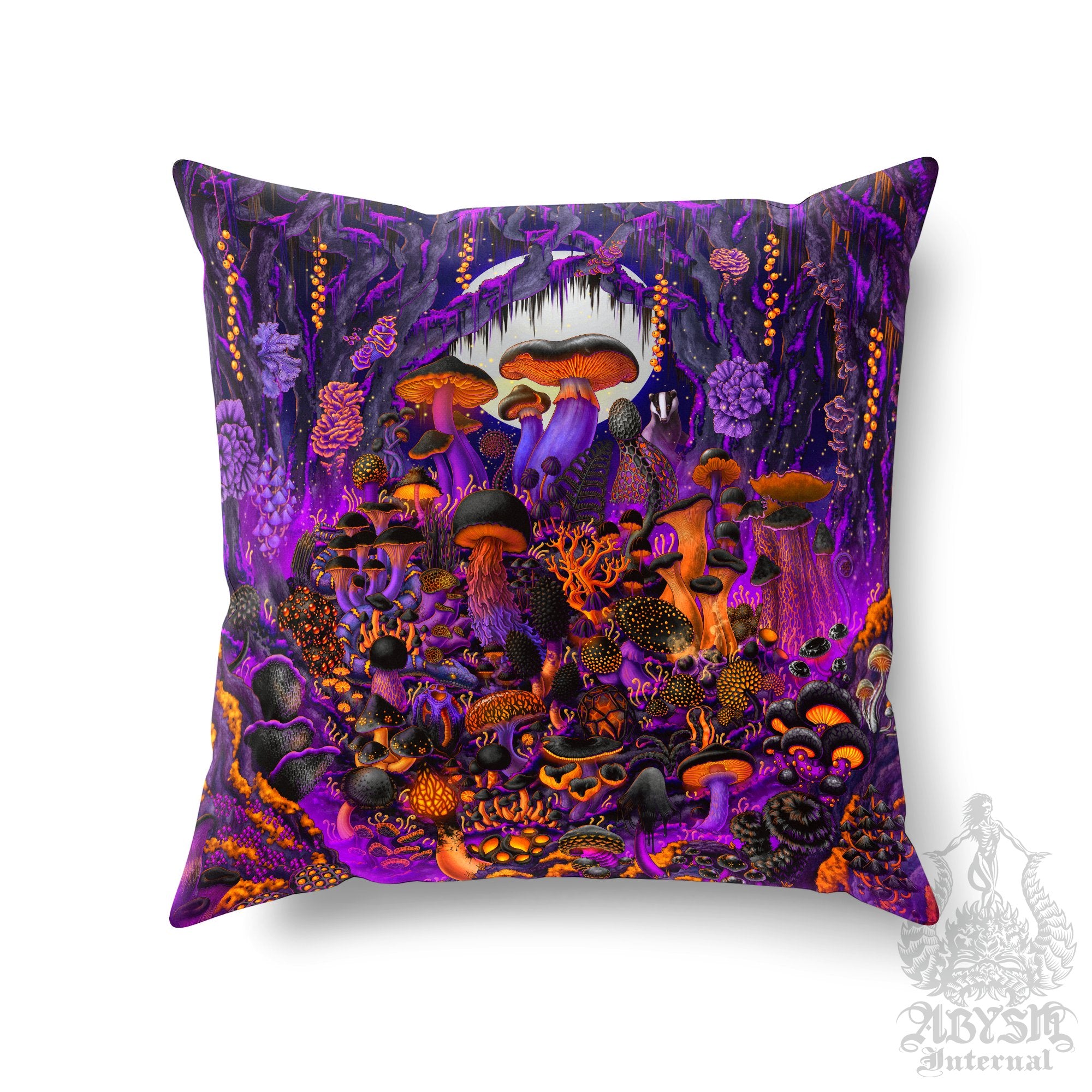 Halloween Throw Pillow, Goth Decorative Accent Pillow, Square Cushion Cover, Purple Mushrooms Room Decor, Witchy Art Print, Whimsigoth Gift - Abysm Internal