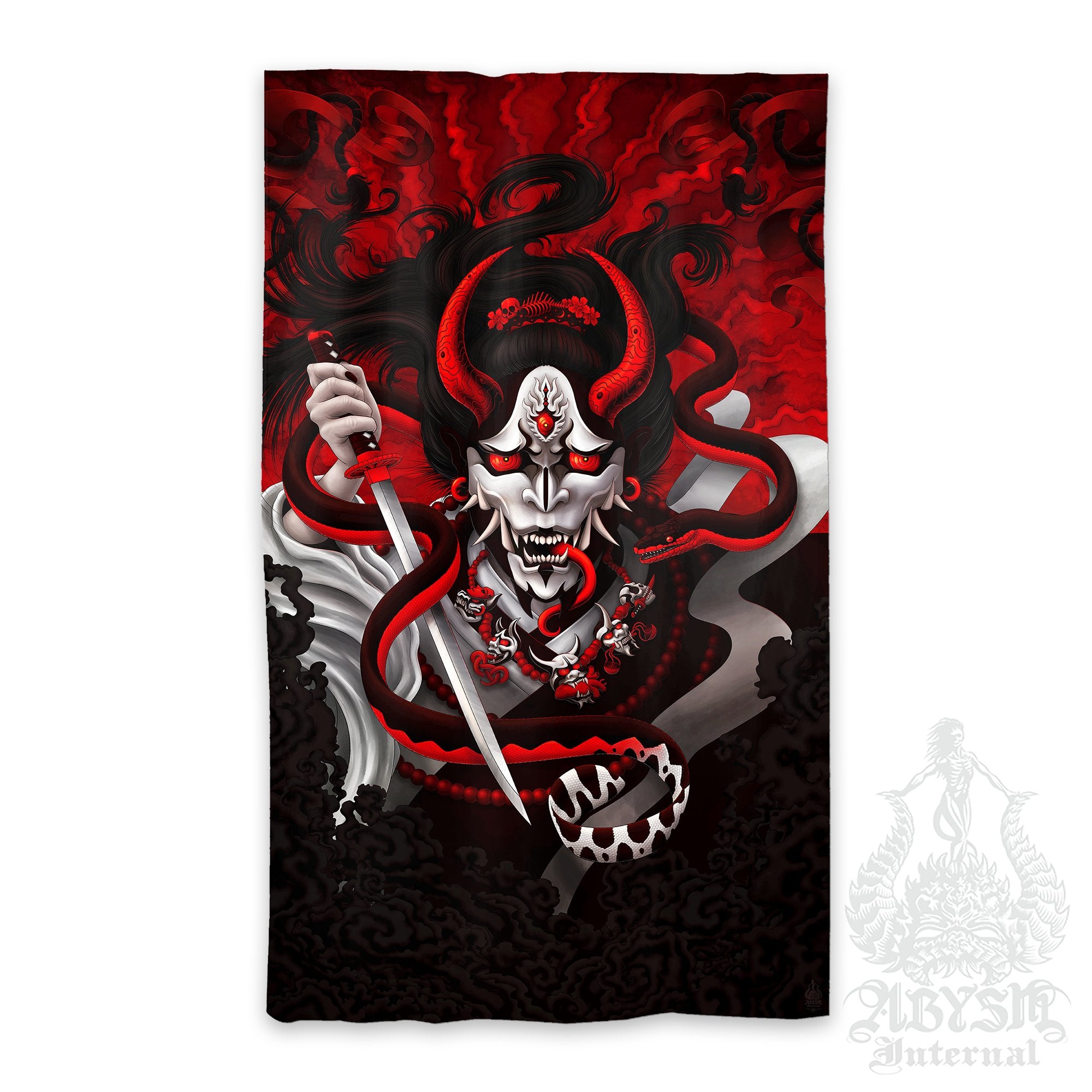 Hannya and Snake Curtains, 50x84' Printed Window Panels, Bloody White Goth Japanese Demon, Dark Fantasy Decor, Anime and Game Room Art Print - Red - Abysm Internal