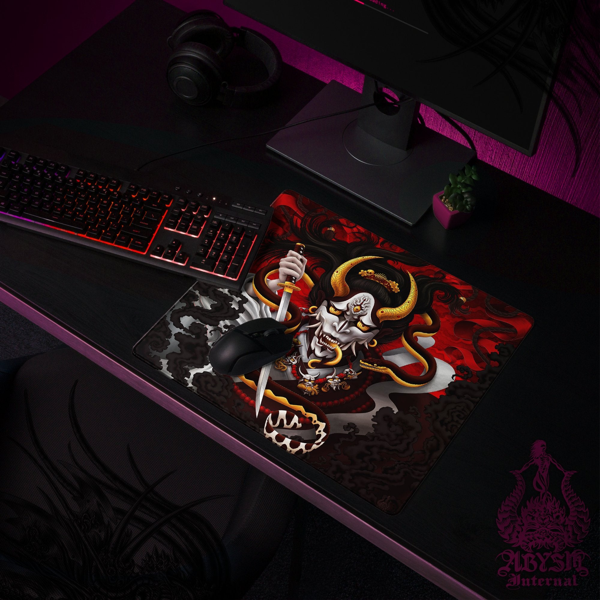 Hannya Desk Mat, Youkai Gaming Mouse Pad, Japanese Demon Table Protector Cover, Snake Workpad, Fantasy Anime and Manga Art Print - Original - Abysm Internal