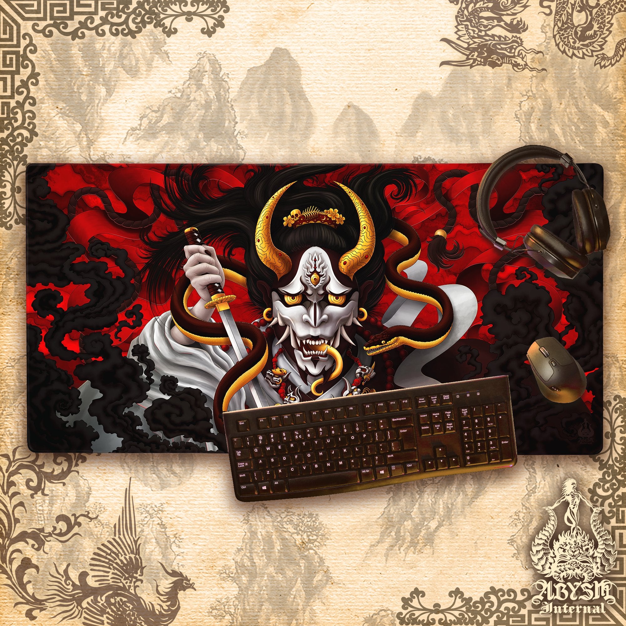 Hannya Desk Mat, Youkai Gaming Mouse Pad, Japanese Demon Table Protector Cover, Snake Workpad, Fantasy Anime and Manga Art Print - Original - Abysm Internal