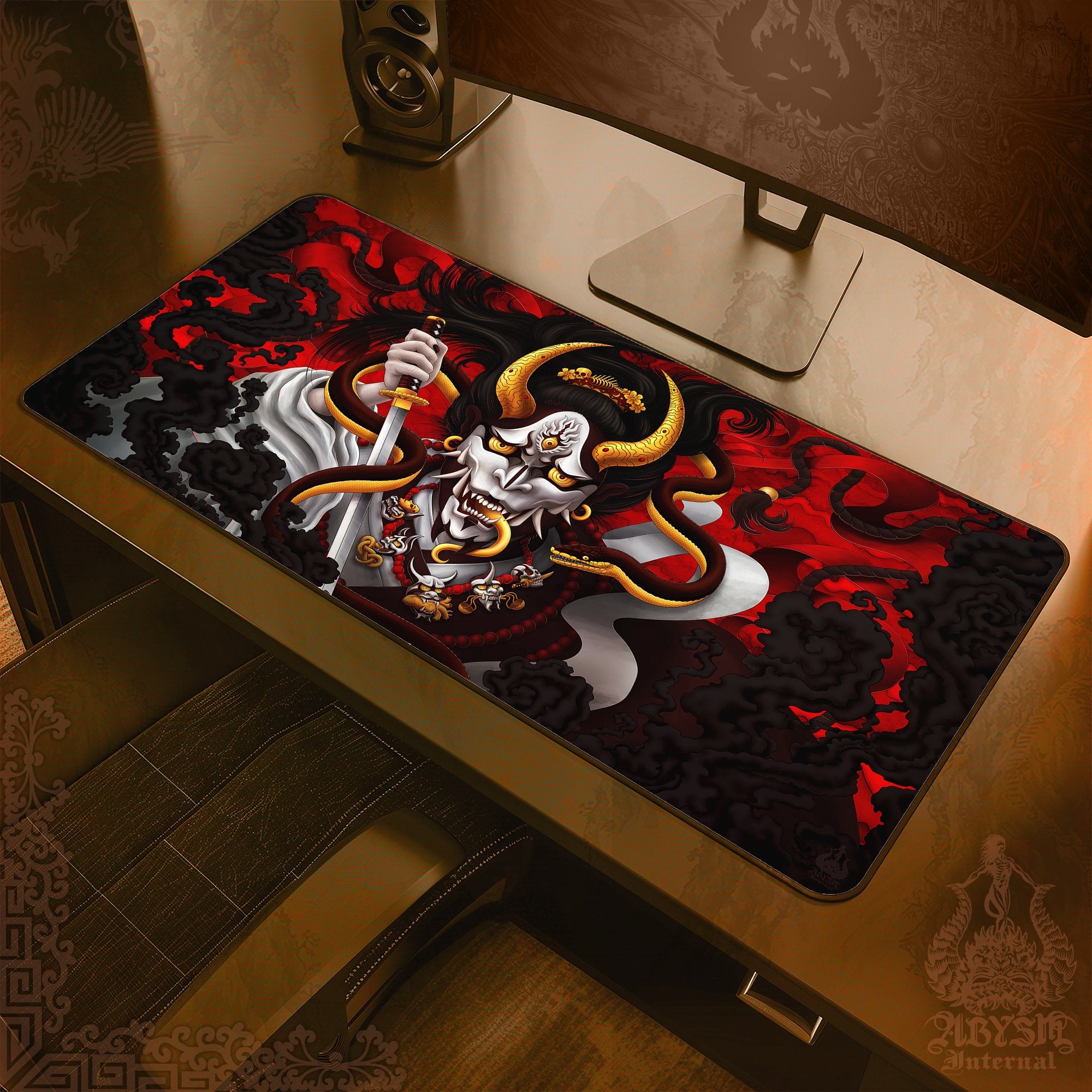Hannya Desk Mat, Youkai Gaming Mouse Pad, Japanese Demon Table Protector Cover, Snake Workpad, Fantasy Anime and Manga Art Print - Original - Abysm Internal