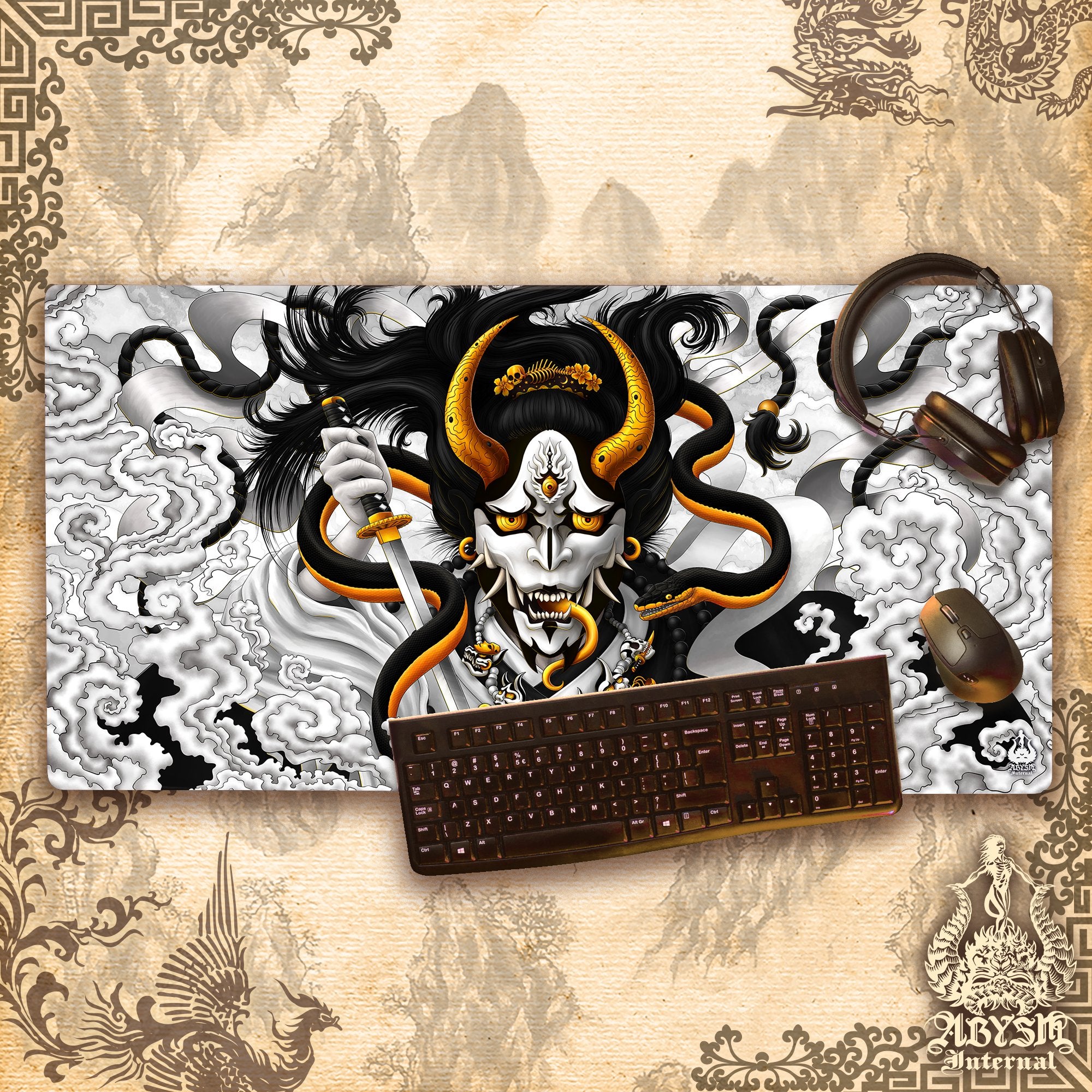 Hannya Gaming Mouse Pad, Youkai Desk Mat, Japanese Demon Table Protector Cover, Black and White Workpad, Fantasy Anime and Manga Art Print - Snake - Abysm Internal