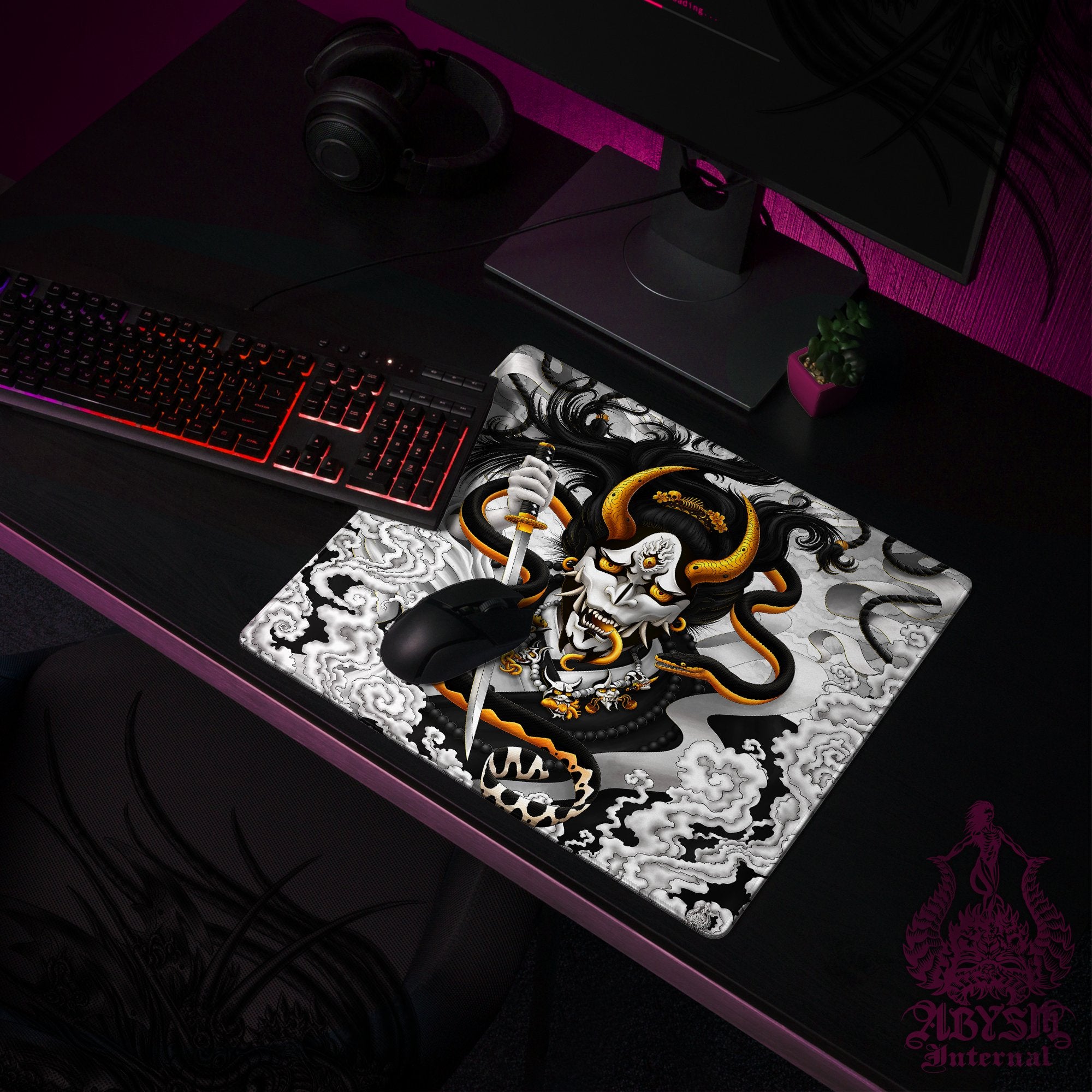 Hannya Gaming Mouse Pad, Youkai Desk Mat, Japanese Demon Table Protector Cover, Black and White Workpad, Fantasy Anime and Manga Art Print - Snake - Abysm Internal