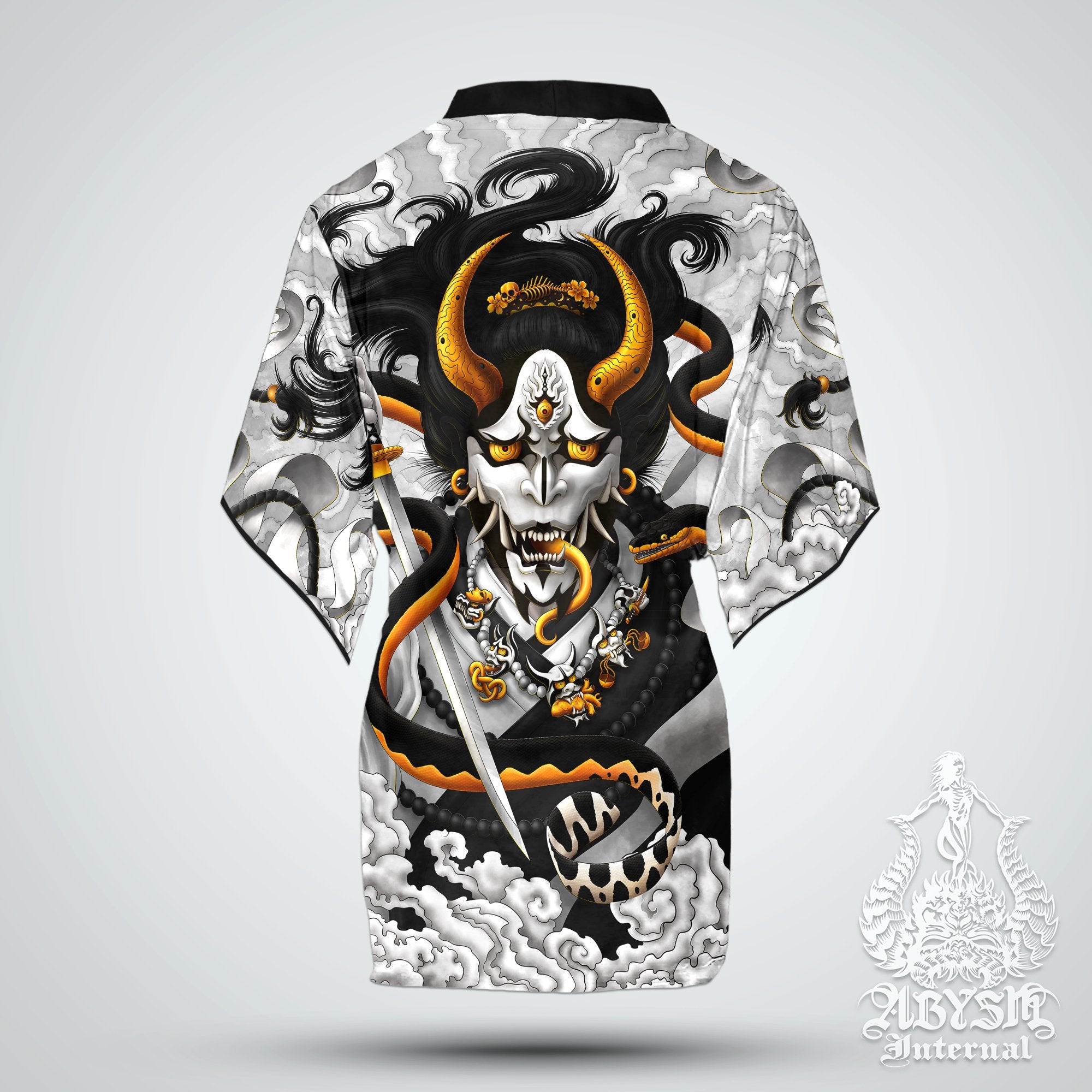 Hannya Short Kimono Robe, Beach Party Outfit, Demon Coverup, Japanese Oni Art, Summer Festival, Alternative Clothing, Unisex - Snake, Black and White - Abysm Internal