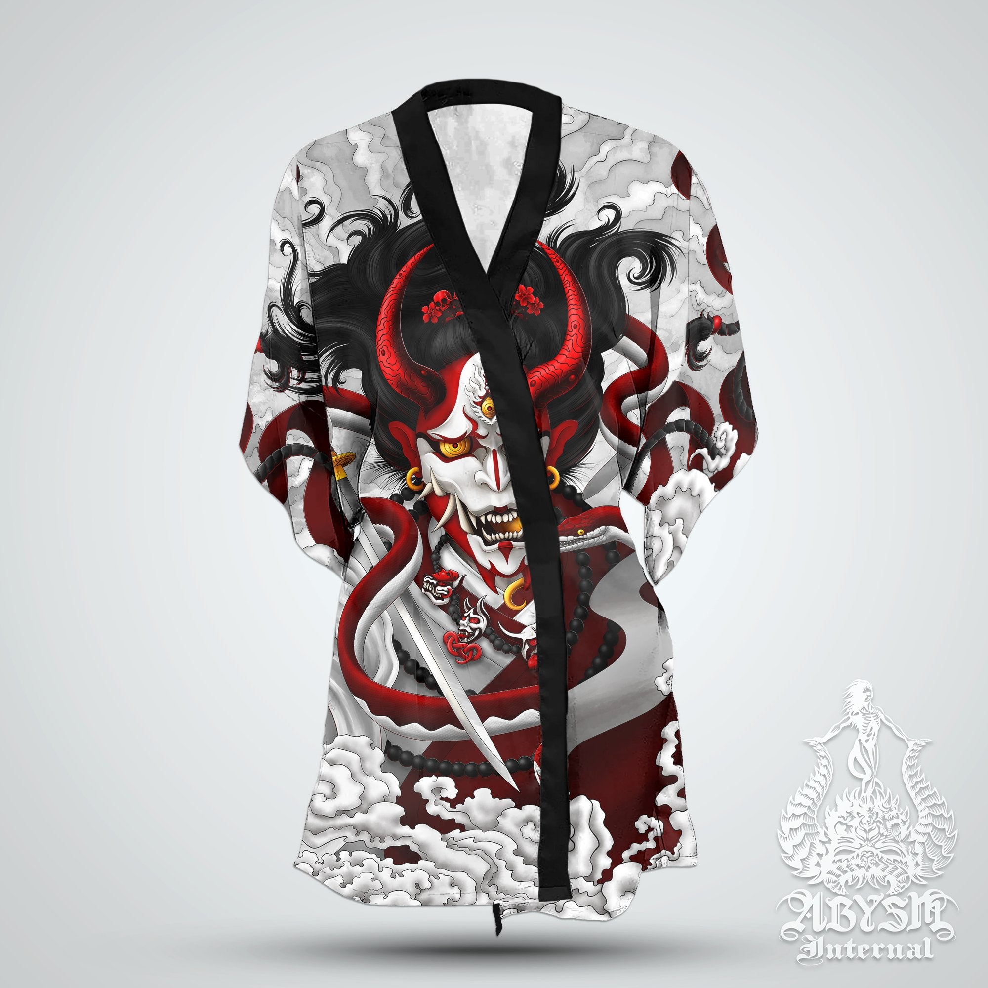 Hannya Short Kimono Robe, Beach Party Outfit, White and Red Oni Coverup, Japanese Demon Art, Summer Festival, Alternative Clothing, Unisex - Snake, Bloody Goth - Abysm Internal