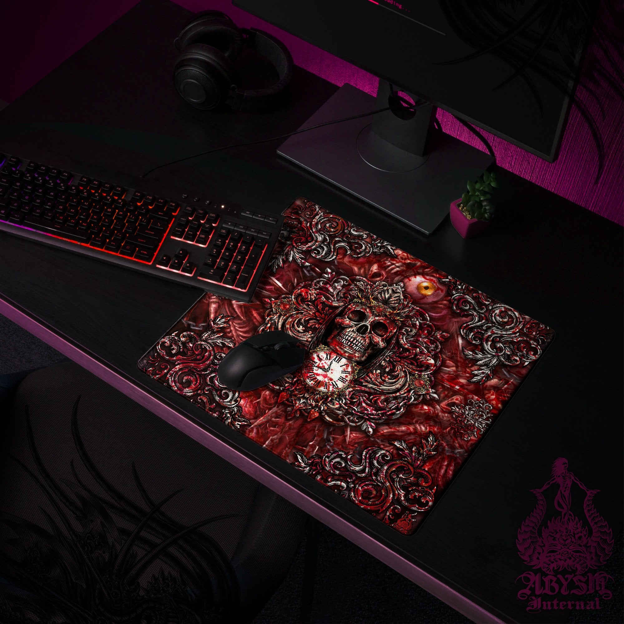 Horror Desk Mat, Grim Reaper Skull Gaming Mouse Pad, Halloween Table Protector Cover, Gore and Blood Workpad, Scary Dark Fantasy Art Print - Abysm Internal