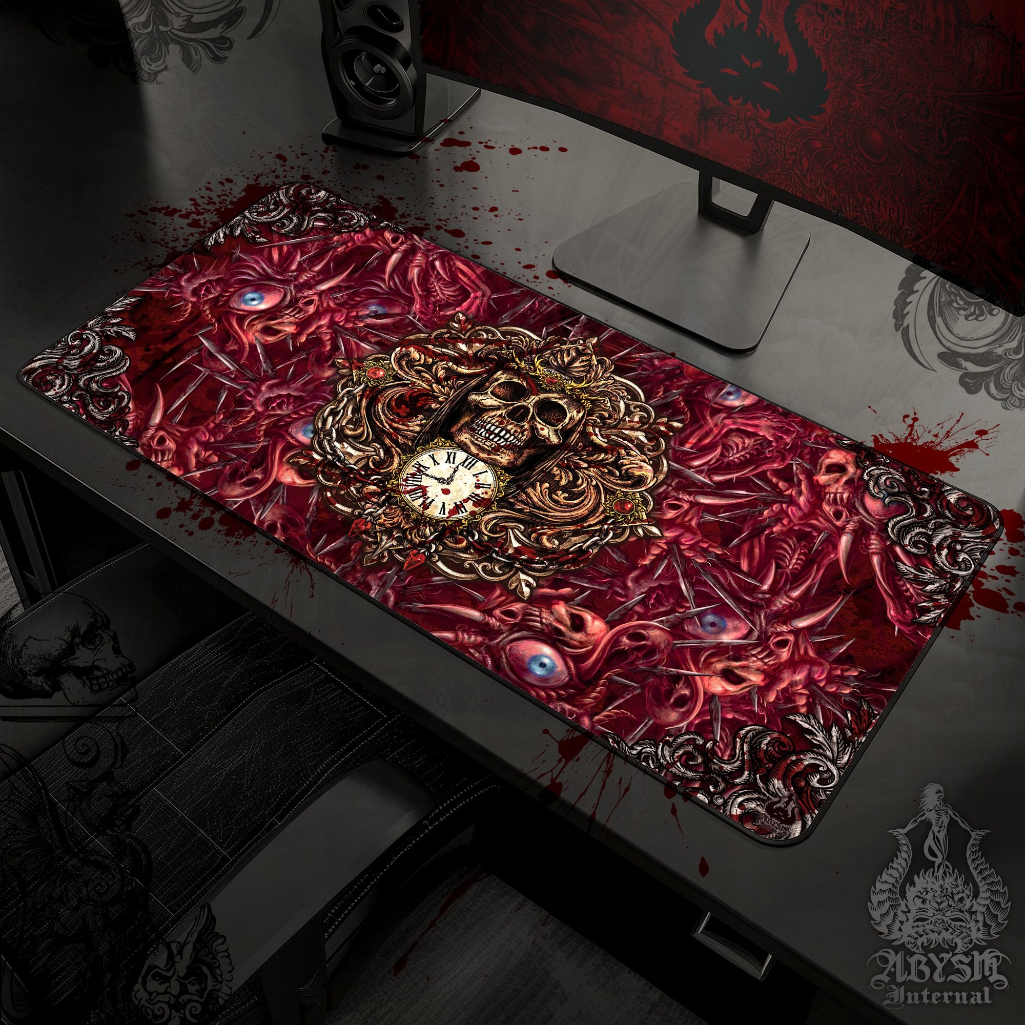Horror Desk Mat, Grim Reaper Skull Gaming Mouse Pad, Halloween Table Protector Cover, Gore and Blood Workpad, Scary Dark Fantasy Art Print - Abysm Internal