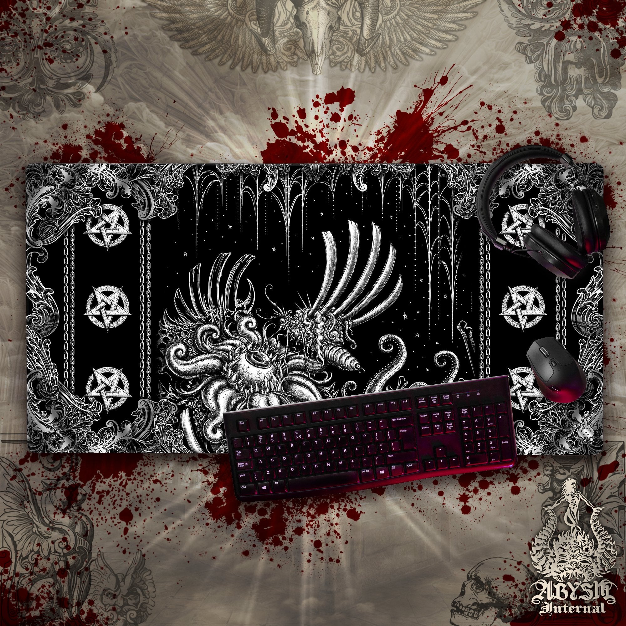 Horror Gaming Mouse Pad, Goth Hell Desk Mat, Gothic Table Protector Cover, Gore and Blood Workpad, Dark Fantasy Art Print - Pentagrams, Bloodfly - Abysm Internal