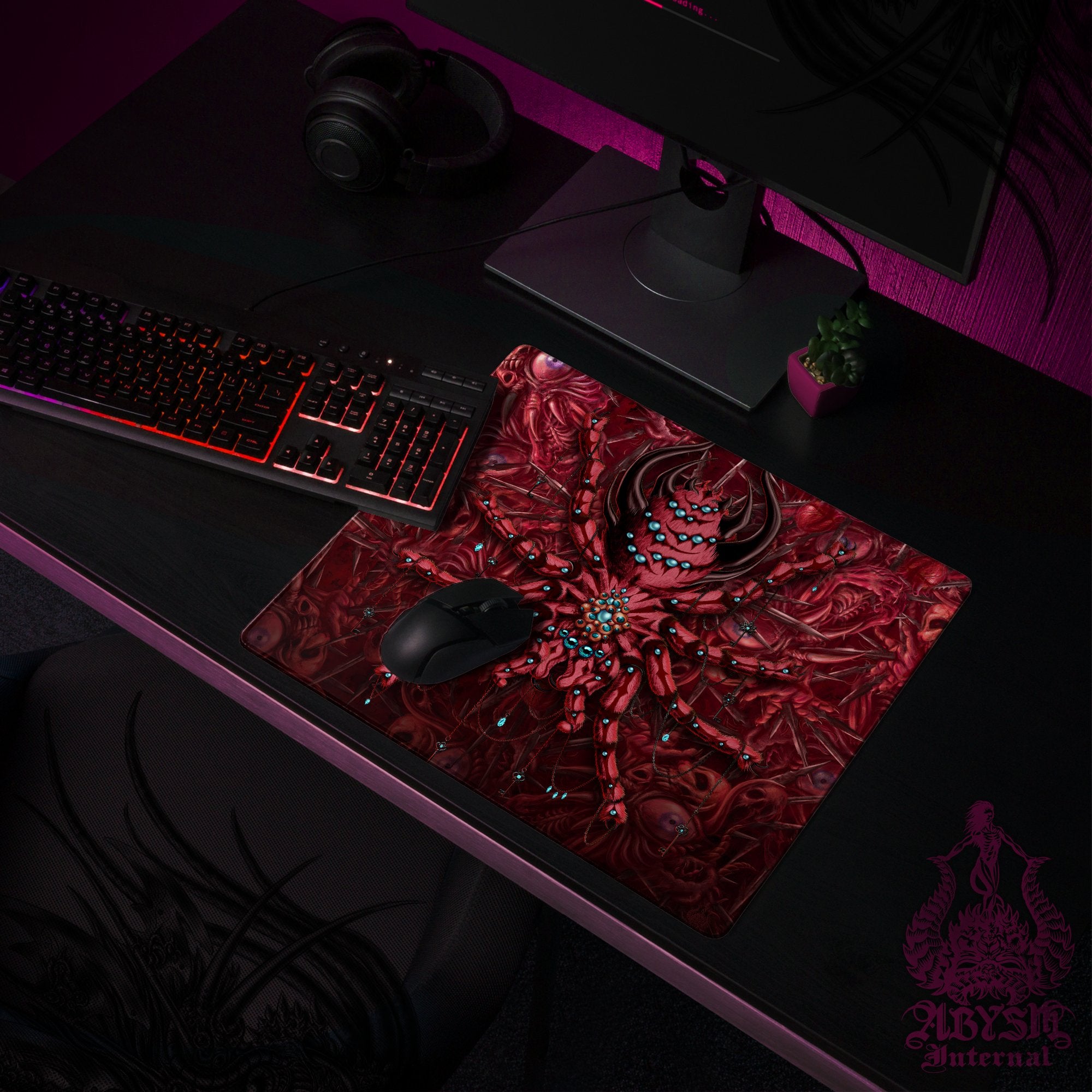 Horror Workpad, Halloween Desk Mat, Monster Spider Gaming Mouse Pad, Tarantula Table Protector Cover, Gore and Blood Art Print - Abysm Internal