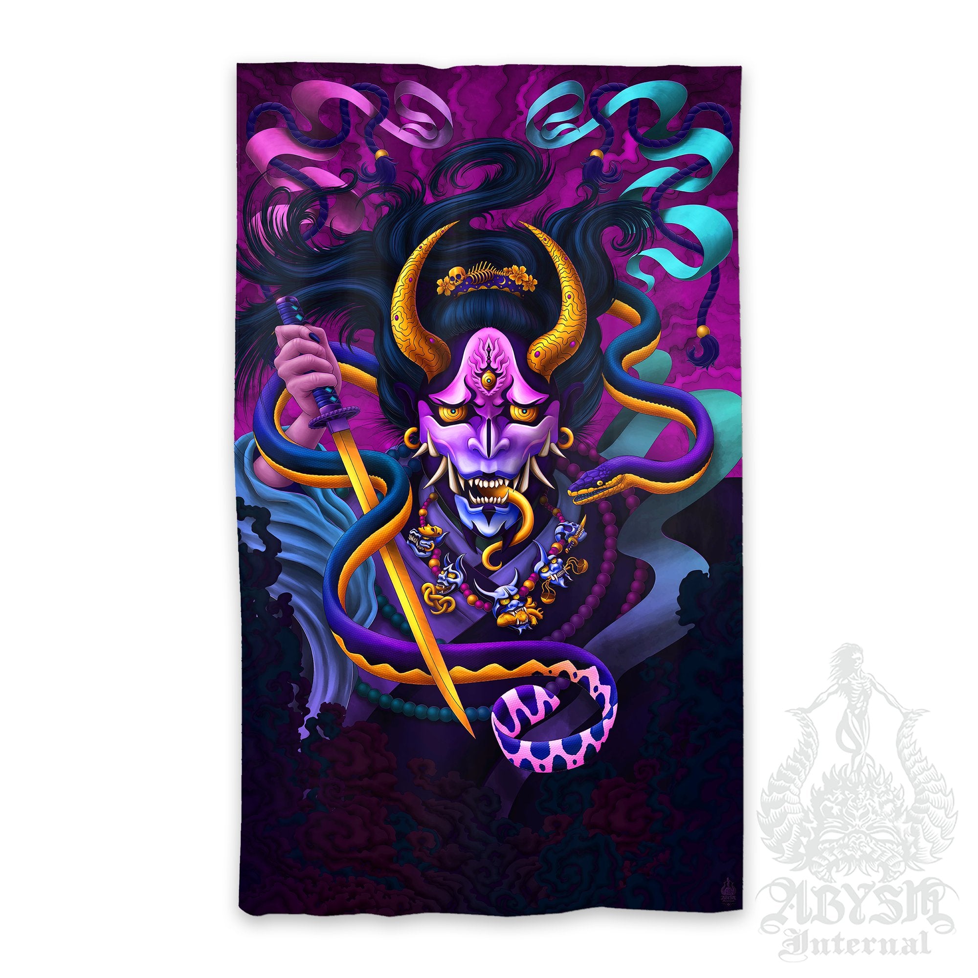 Japanese Demon Curtains, 50x84' Printed Window Panels, Hannya and Snake, Trippy Fantasy Decor, Anime and Game Room Art Print - Pastel Black - Abysm Internal