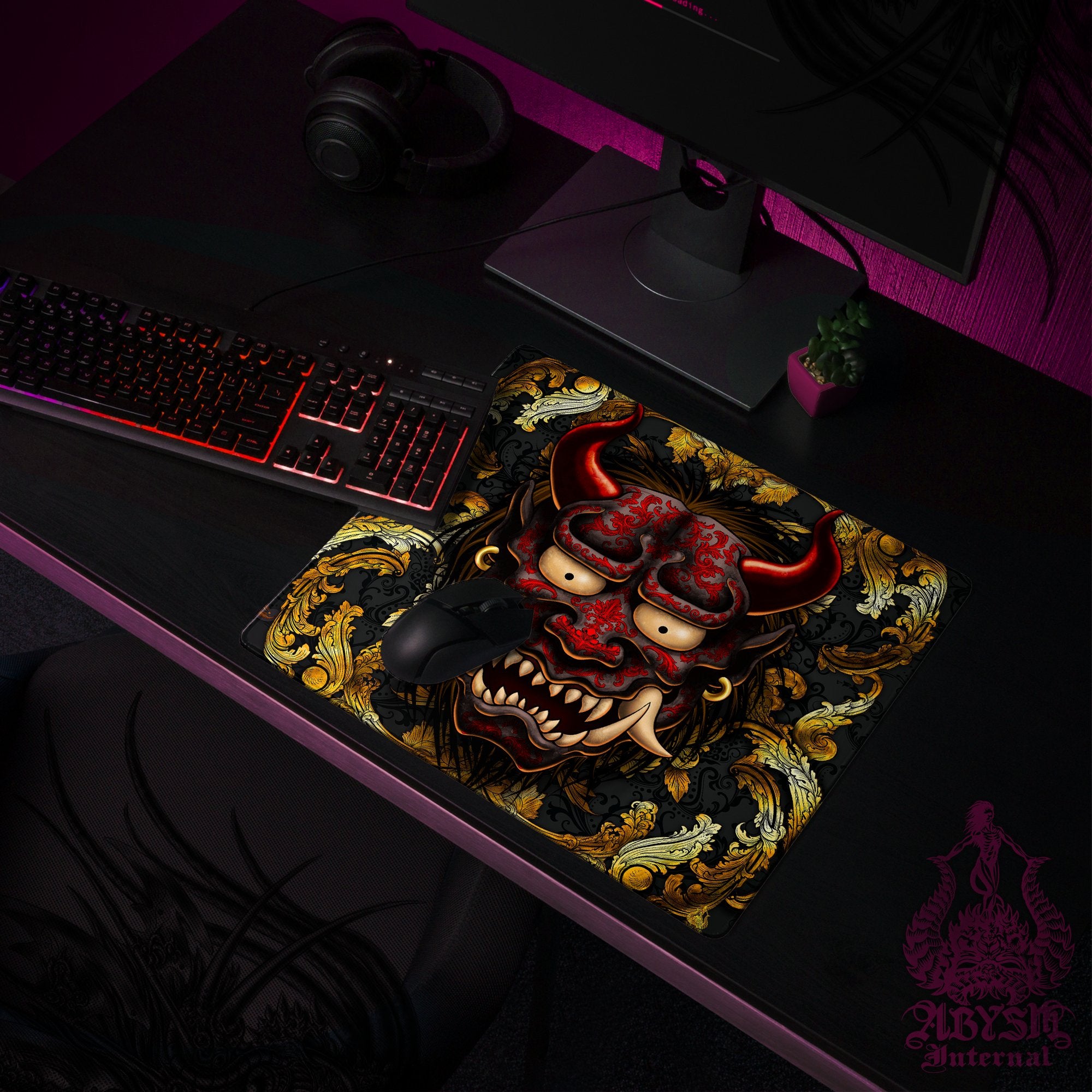 Japanese Demon Desk Mat, Gold Oni Gaming Mouse Pad, Gamer Table Protector Cover, Fantasy Workpad, Manga Yokai Art Print - 2 Colors - Abysm Internal