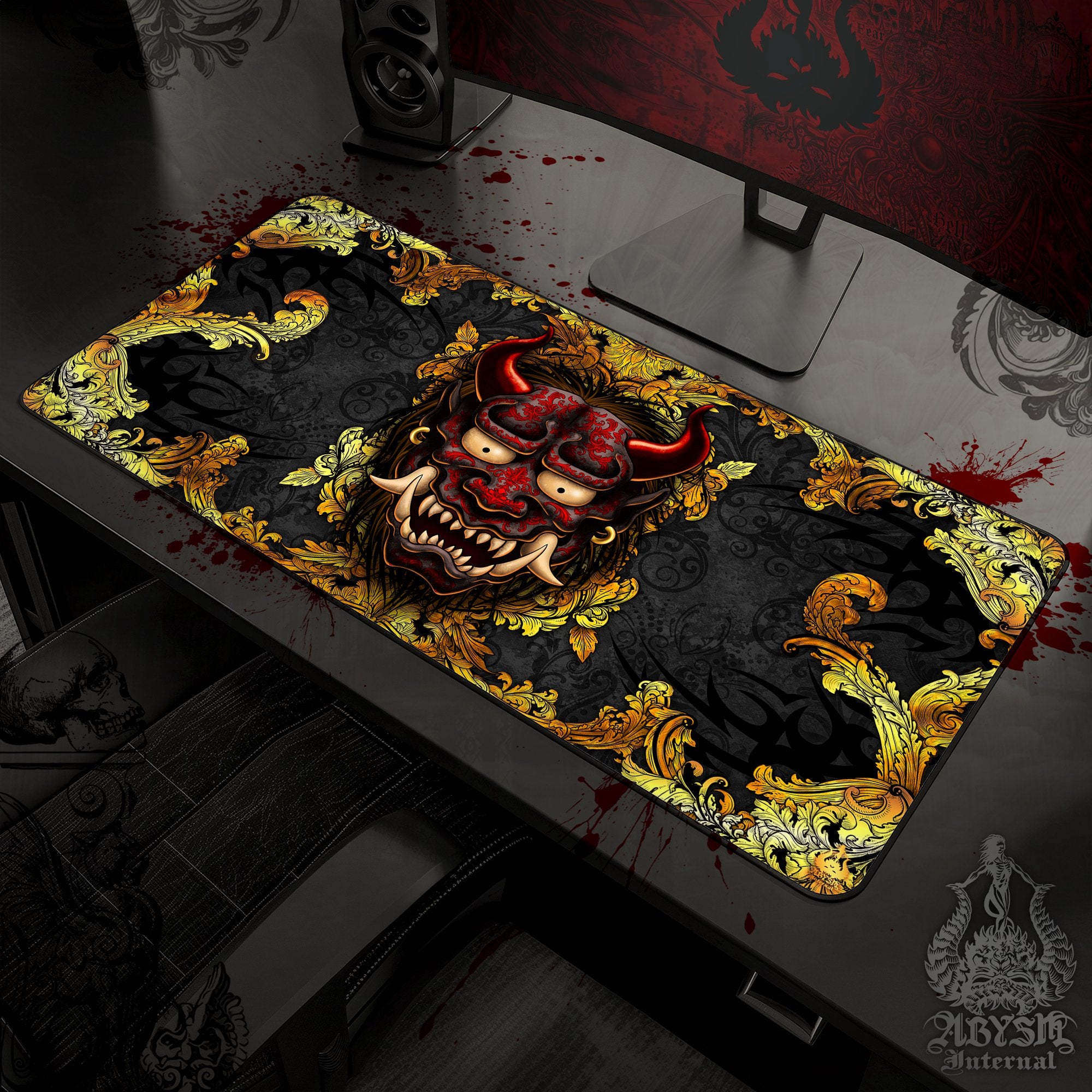 Japanese Demon Desk Mat, Gold Oni Gaming Mouse Pad, Gamer Table Protector Cover, Fantasy Workpad, Manga Yokai Art Print - 2 Colors - Abysm Internal