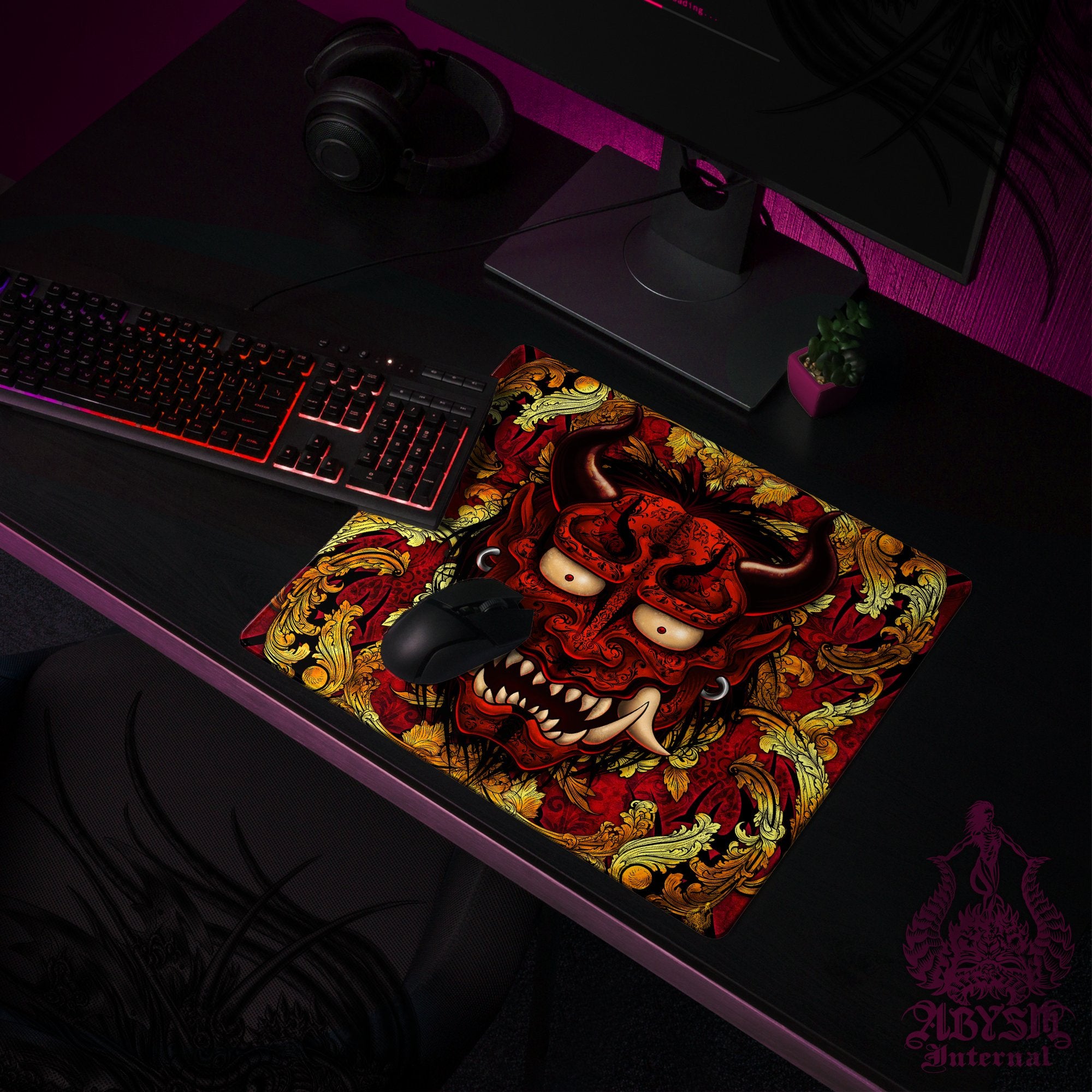 Japanese Demon Desk Mat, Gold Oni Gaming Mouse Pad, Gamer Table Protector Cover, Fantasy Workpad, Manga Yokai Art Print - 2 Colors - Abysm Internal