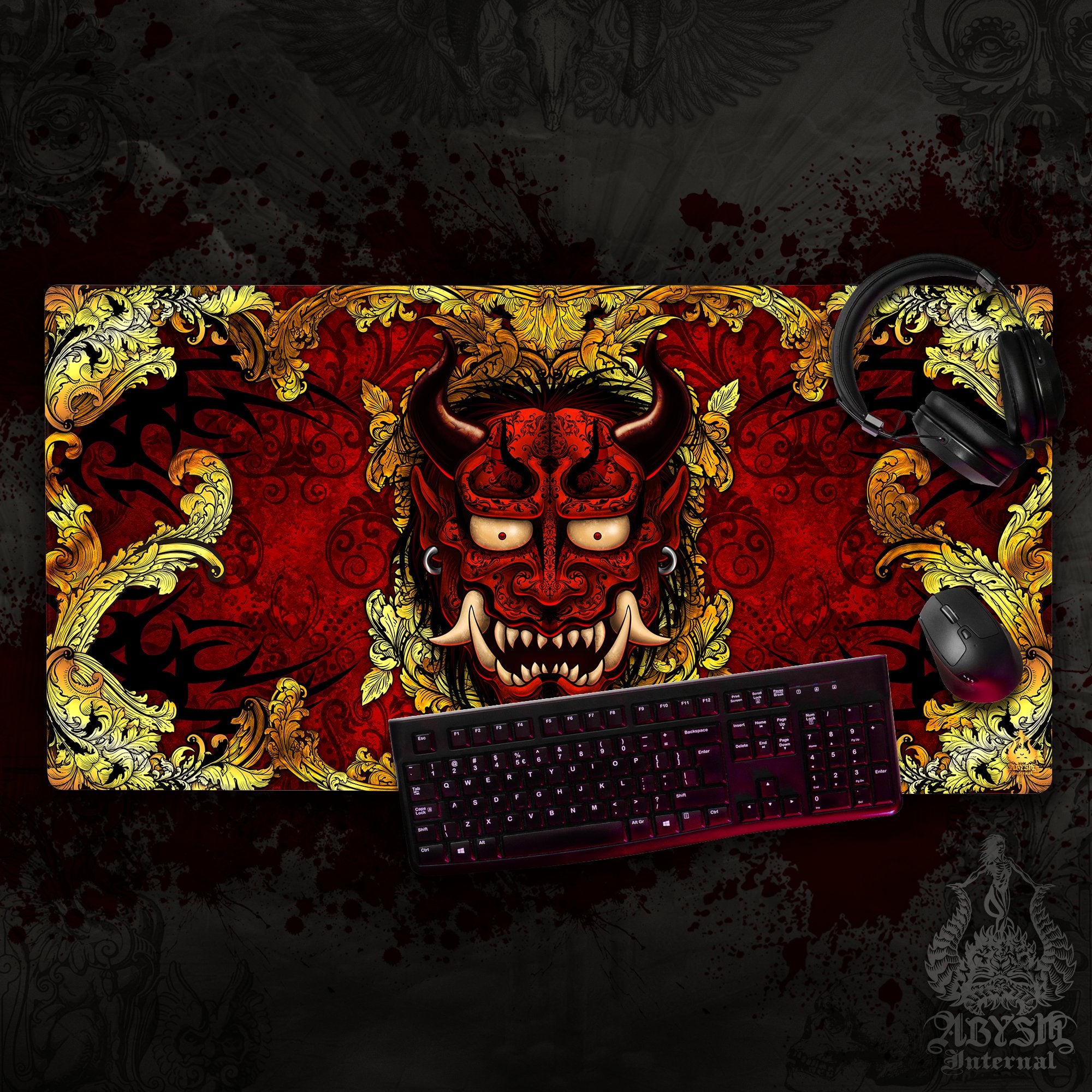 Japanese Demon Desk Mat, Gold Oni Gaming Mouse Pad, Gamer Table Protector Cover, Fantasy Workpad, Manga Yokai Art Print - 2 Colors - Abysm Internal