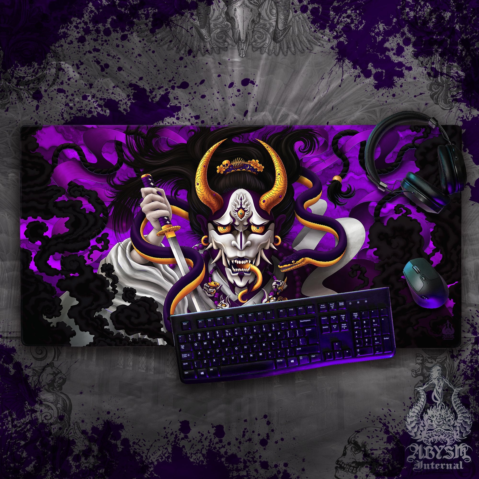 Japanese Demon Gaming Desk Mat, Hannya Mouse Pad, Youkai Table Protector Cover, White Goth Purple Workpad, Fantasy Anime and Manga Art Print - Snake - Abysm Internal