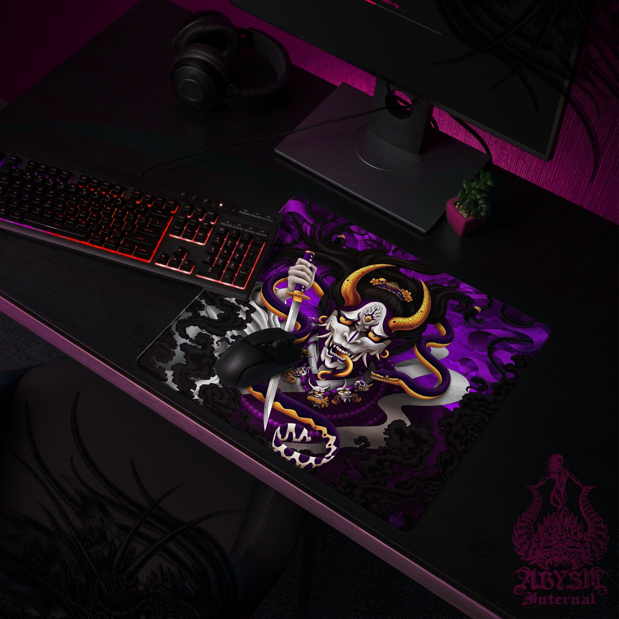 Japanese Demon Gaming Desk Mat, Hannya Mouse Pad, Youkai Table Protector Cover, White Goth Purple Workpad, Fantasy Anime and Manga Art Print - Snake - Abysm Internal