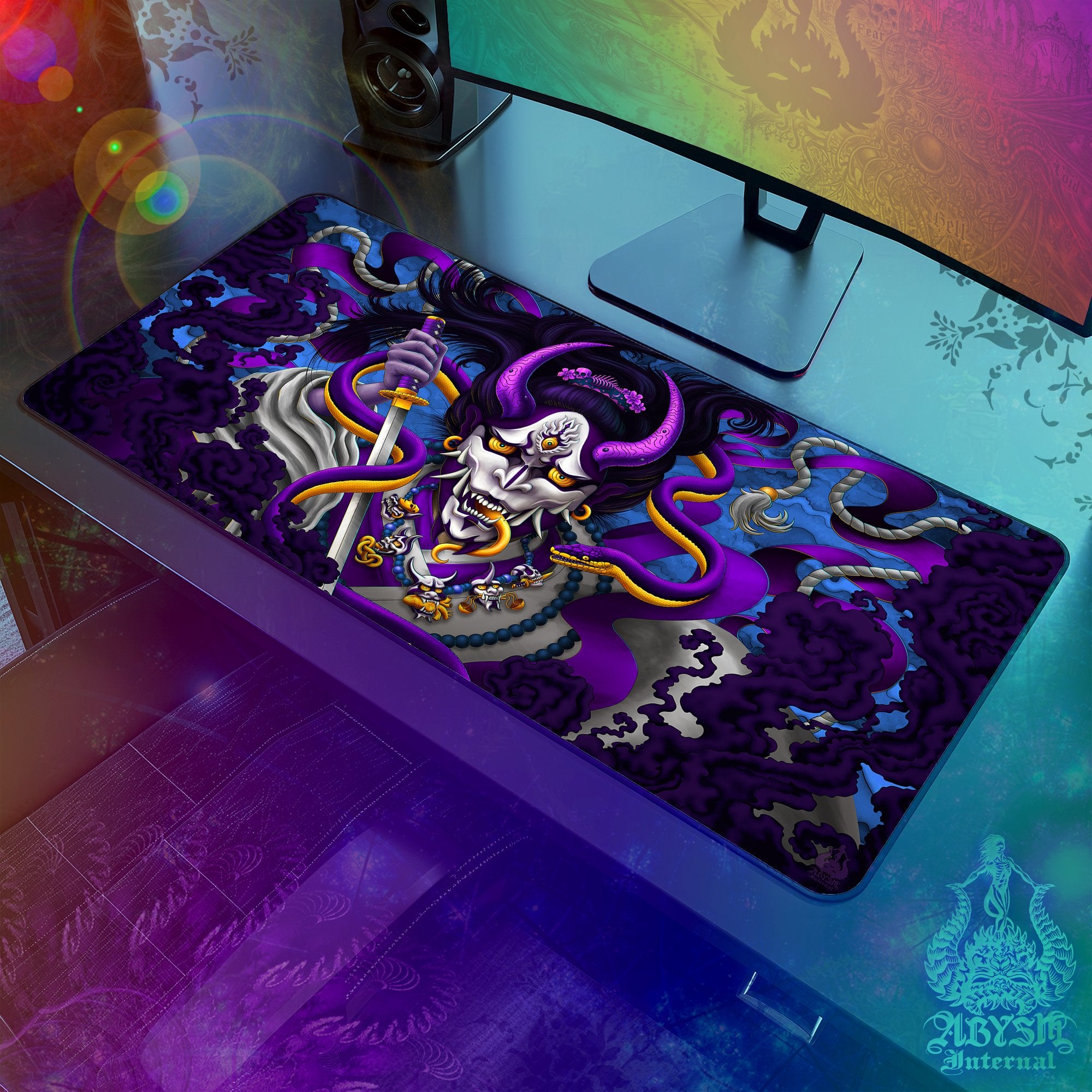 Japanese Demon Gaming Mouse Pad, Hannya Desk Mat, Youkai Table Protector Cover, Purple Blue Workpad, Fantasy Anime and Manga Art Print - Snake - Abysm Internal