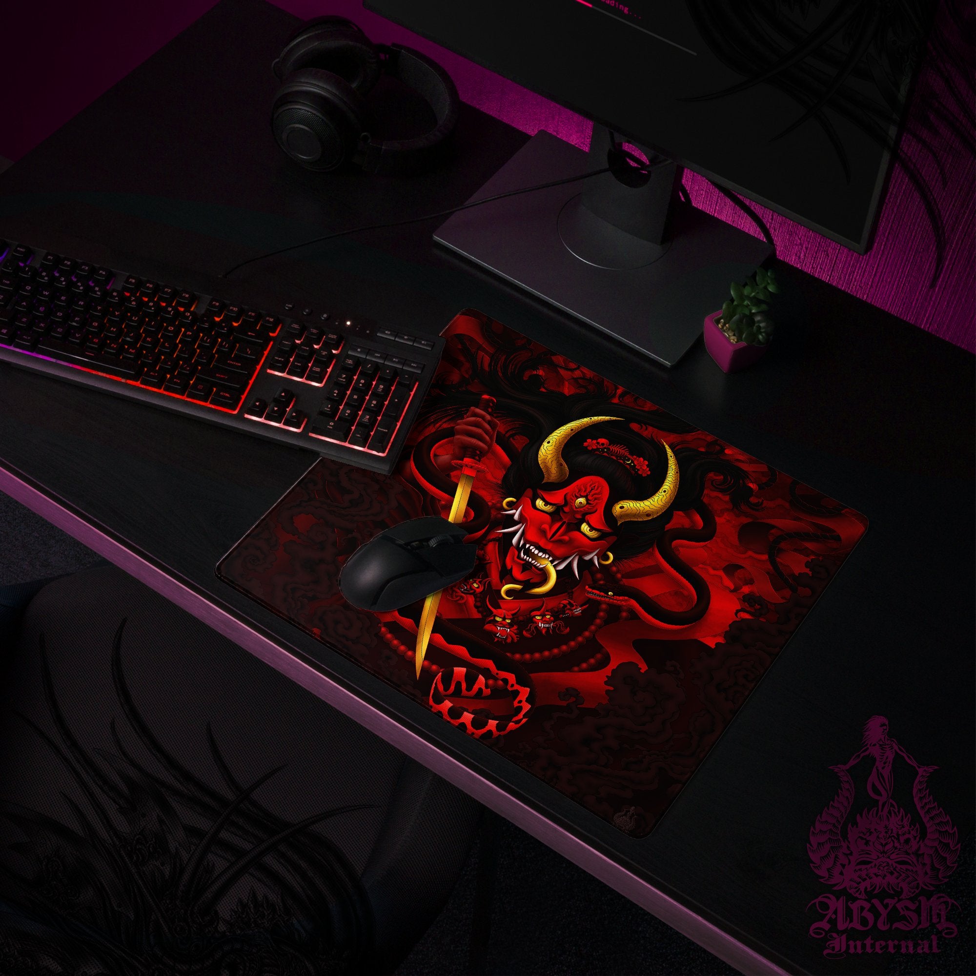 Japanese Demon Mouse Pad, Hannya Gaming Desk Mat, Youkai Workpad, Bloody Red Table Protector Cover, Fantasy Anime and Manga Art Print - Black Snake - Abysm Internal