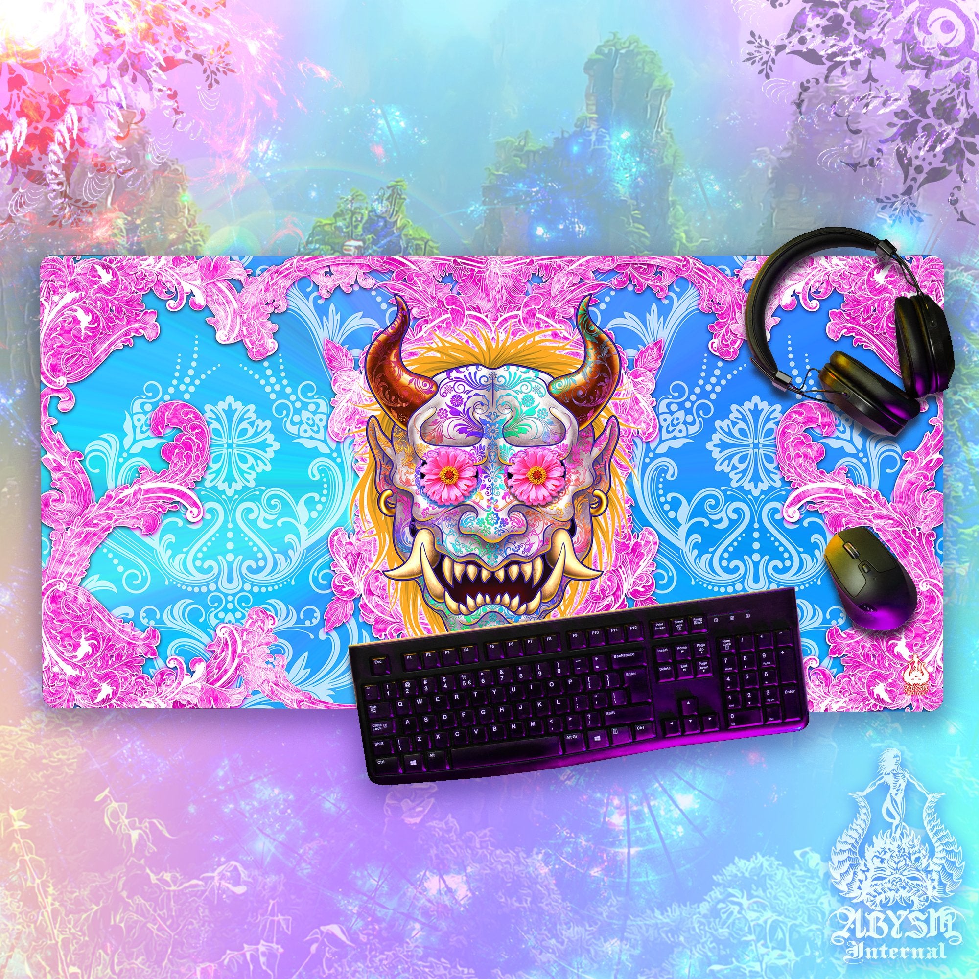 Japanese Demon Workpad, Pastel Oni Desk Mat, Psychedelic Gaming Mouse Pad, Gamer Table Protector Cover, Aesthetic Manga Yokai Art Print - Psy, 2 Colors - Abysm Internal