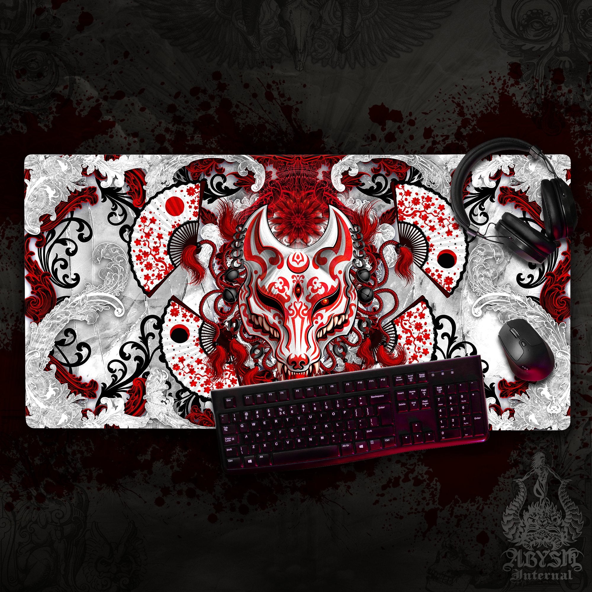 Kitsune Gaming Desk Mat, Fox Mask Mouse Pad, Manga Wolf Table Protector Cover, Japanese Anime Okami Workpad, Youkai Art Print - Bloody White Goth - Abysm Internal