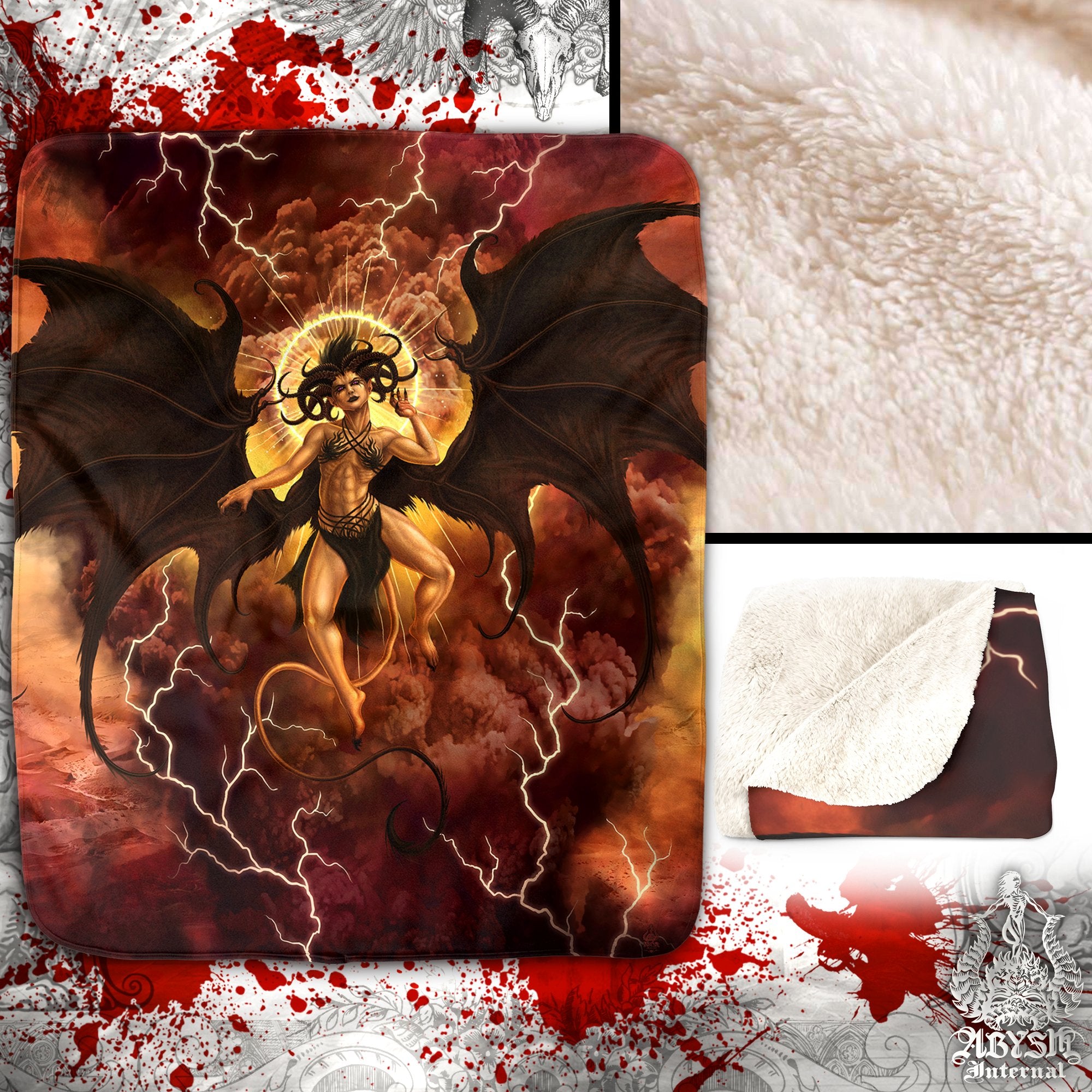 Lilith Sherpa Fleece Throw Blanket, Dark and Erotic Fantasy Art, Demon Art, Satanic Home Decor - Succubus Demon, Nude, Semi, Clothed, 3 versions - Abysm Internal