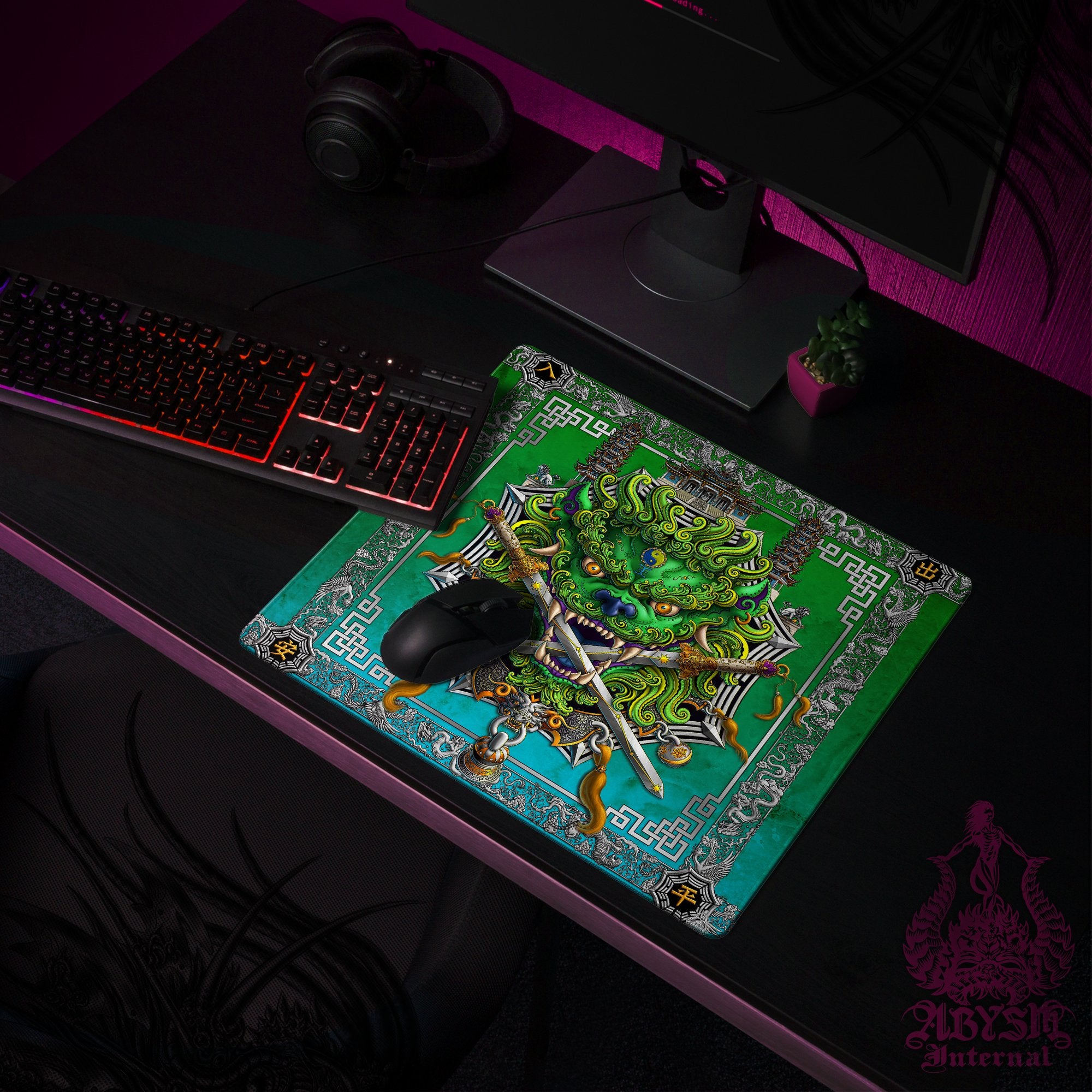 Lion Desk Mat, Asian Gaming Mouse Pad, Taiwan Table Protector Cover, Chinese Workpad, Fantasy Art Print - Green - Abysm Internal