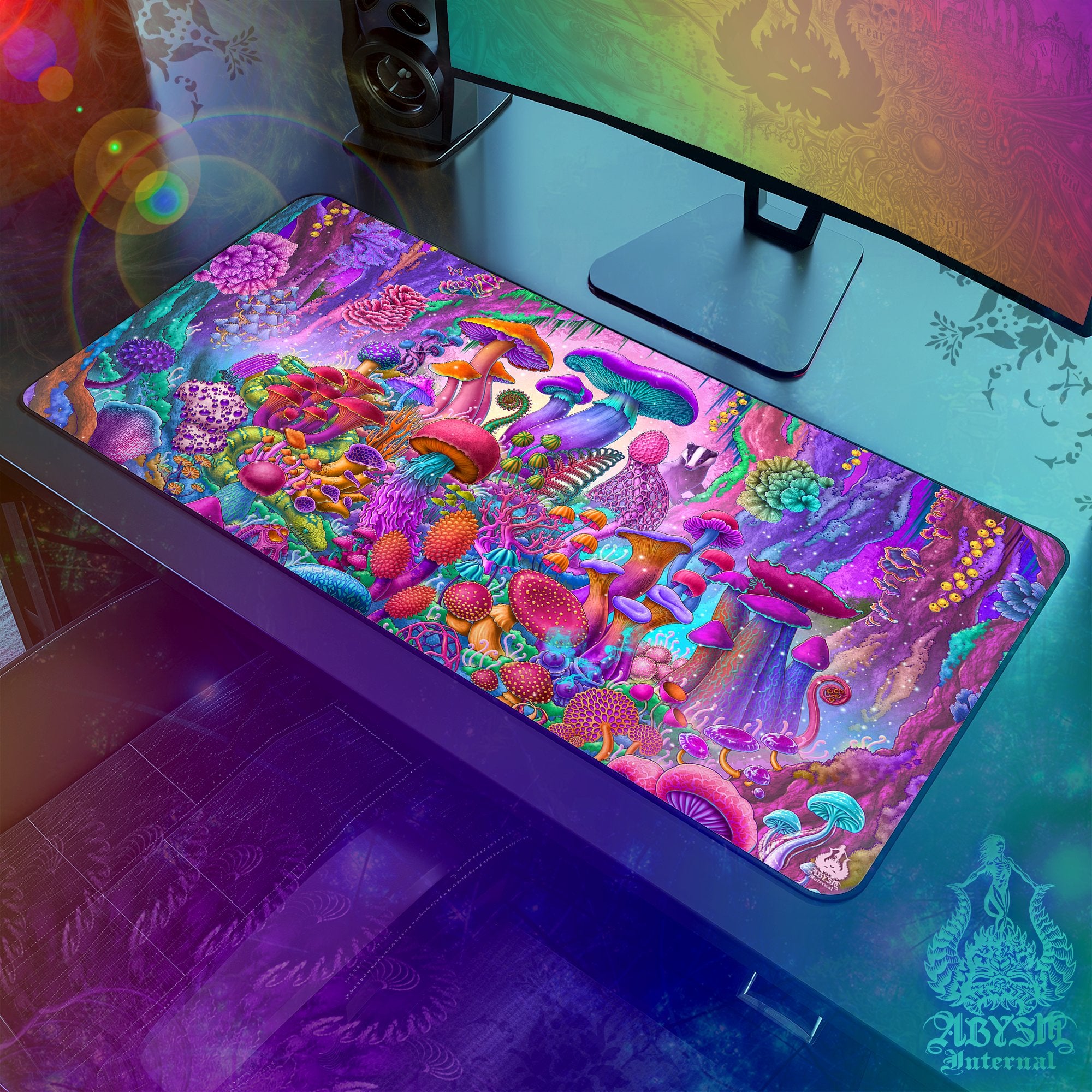Magic Mushrooms Desk Mat, Psychedelic Shrooms Gaming Mouse Pad, Pastel Table Protector Cover, Colorful Workpad - Abysm Internal