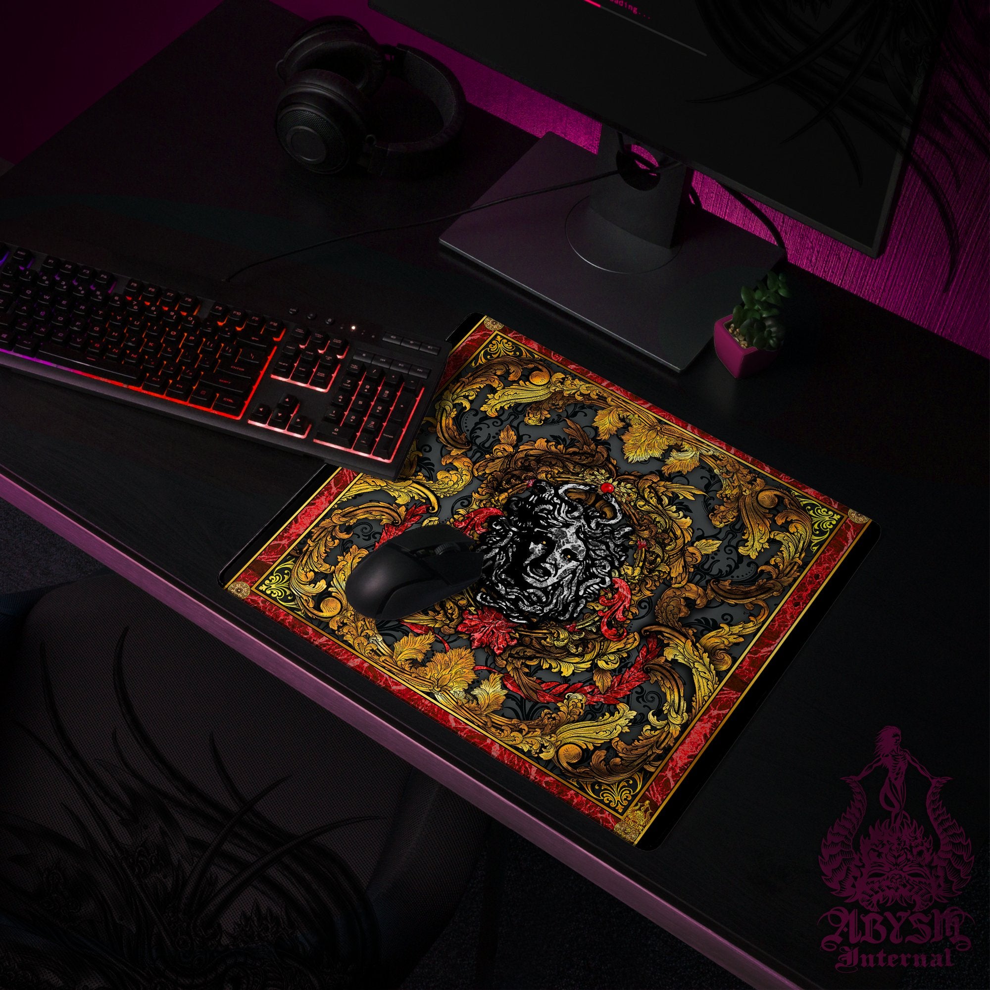 Medusa Mouse Pad, Ornamented Gaming Desk Mat, Baroque Workpad, Vintage Table Protector Cover, Art Print - Abysm Internal