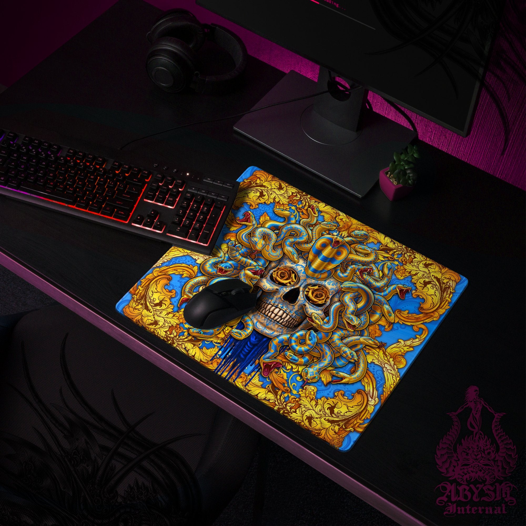 Medusa Workpad, Skull Desk Mat, Mythology Gaming Mouse Pad, Gamer Table Protector Cover, Dark Fantasy Art Print - Cyan Gold, 2 Options - Abysm Internal