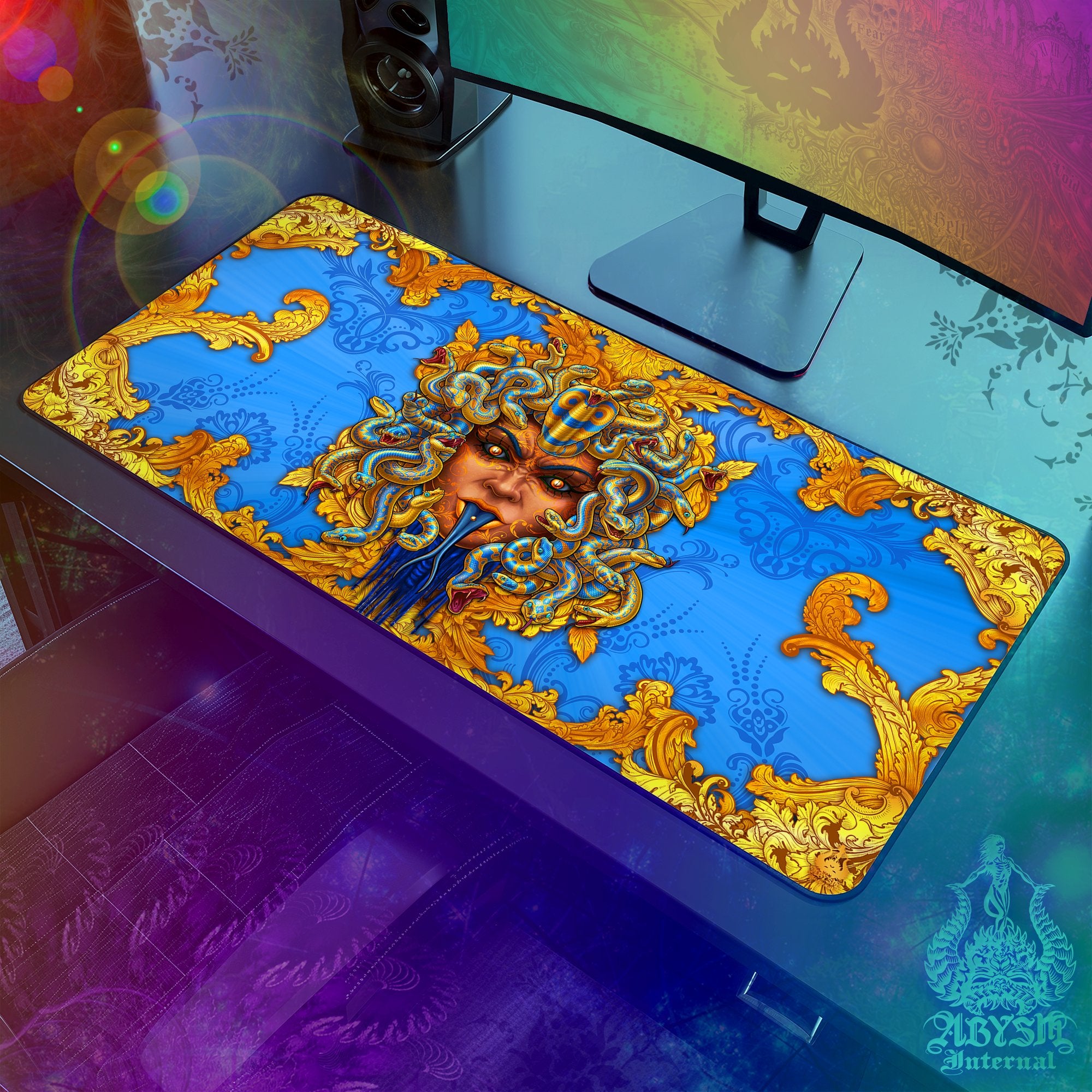 Medusa Workpad, Skull Desk Mat, Mythology Gaming Mouse Pad, Gamer Table Protector Cover, Dark Fantasy Art Print - Cyan Gold, 2 Options - Abysm Internal
