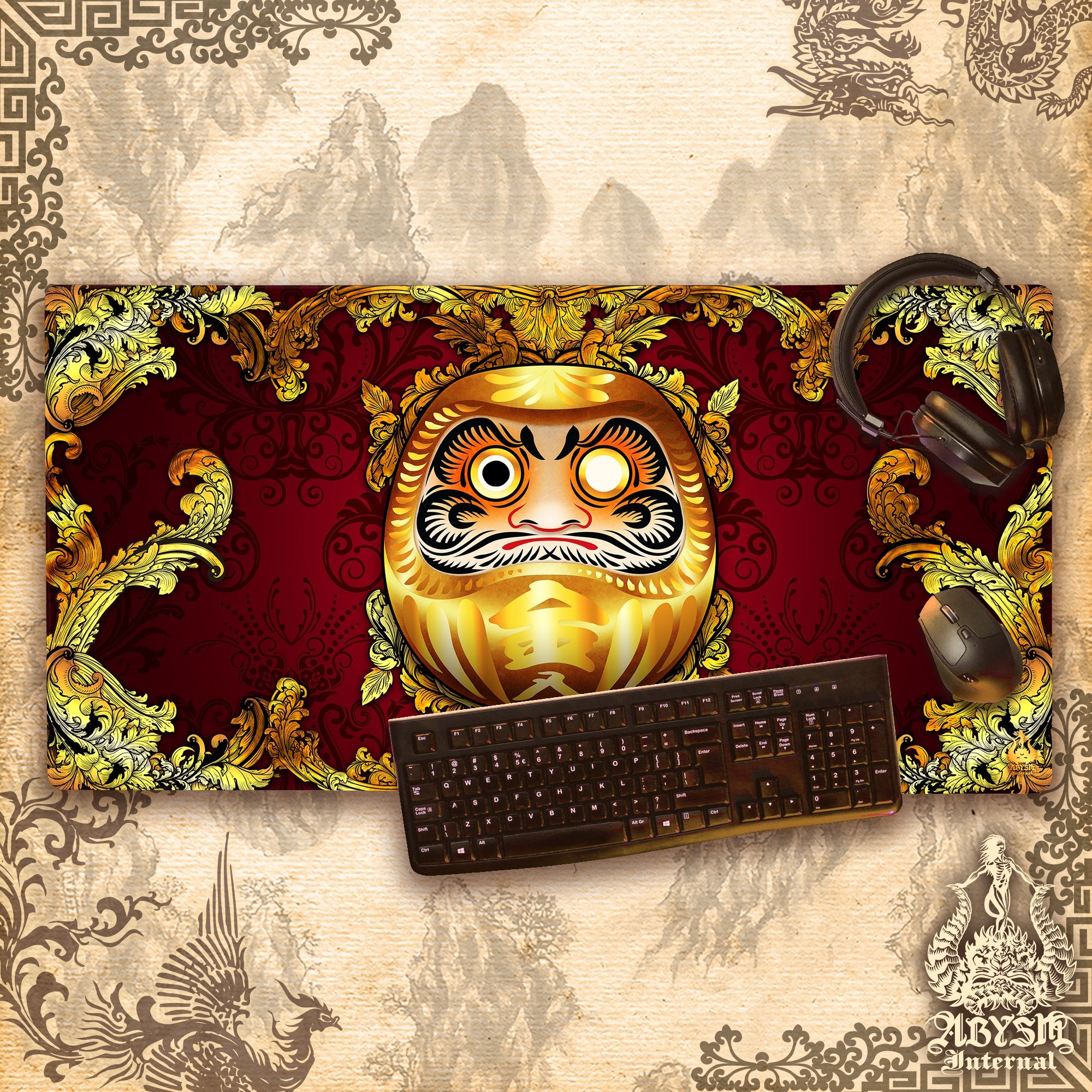 Mouse Pad, Daruma Gaming Desk Mat, Japanese Workpad, Red and Gold Table Protector Cover, Art Print - 3 Colors - Abysm Internal