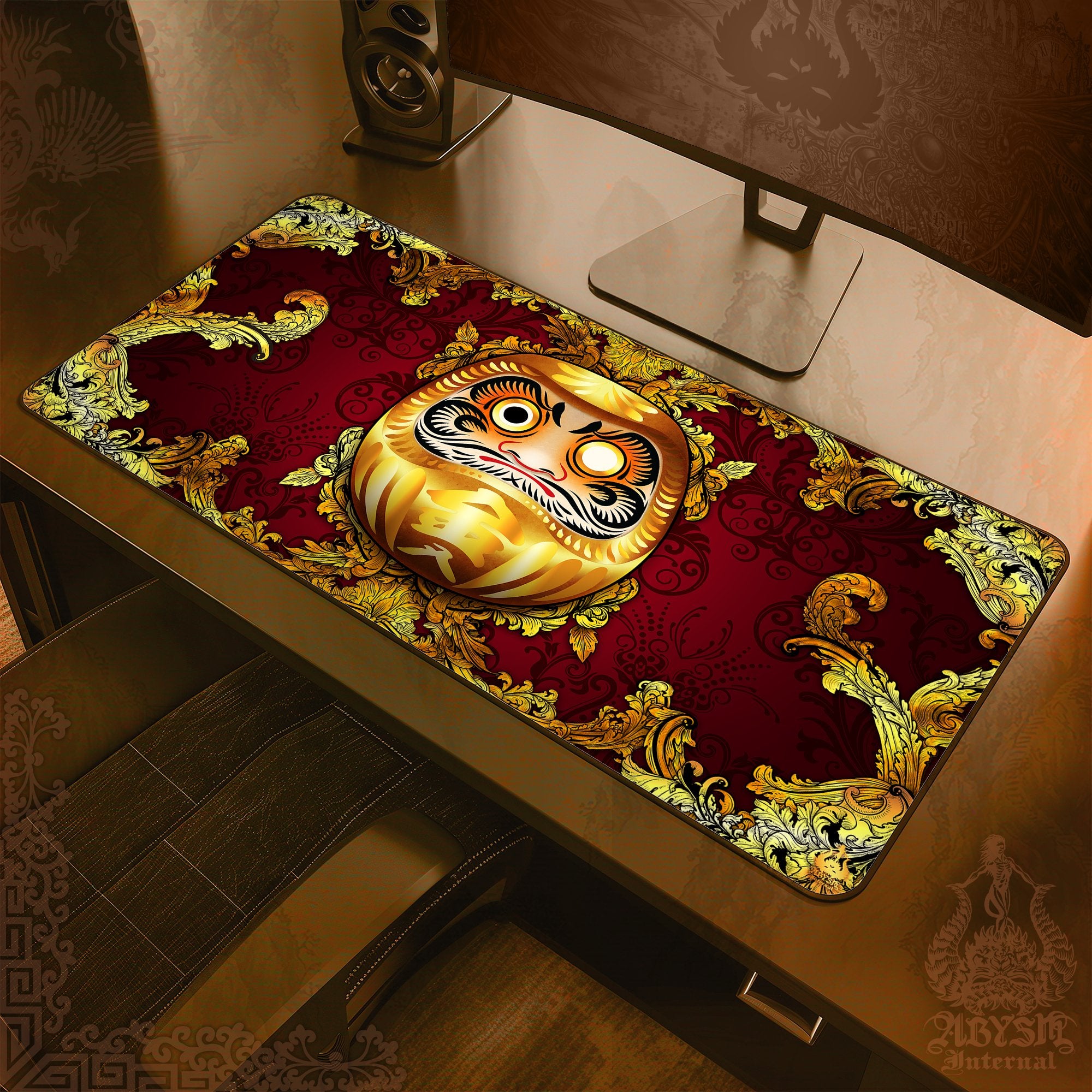 Mouse Pad, Daruma Gaming Desk Mat, Japanese Workpad, Red and Gold Table Protector Cover, Art Print - 3 Colors - Abysm Internal