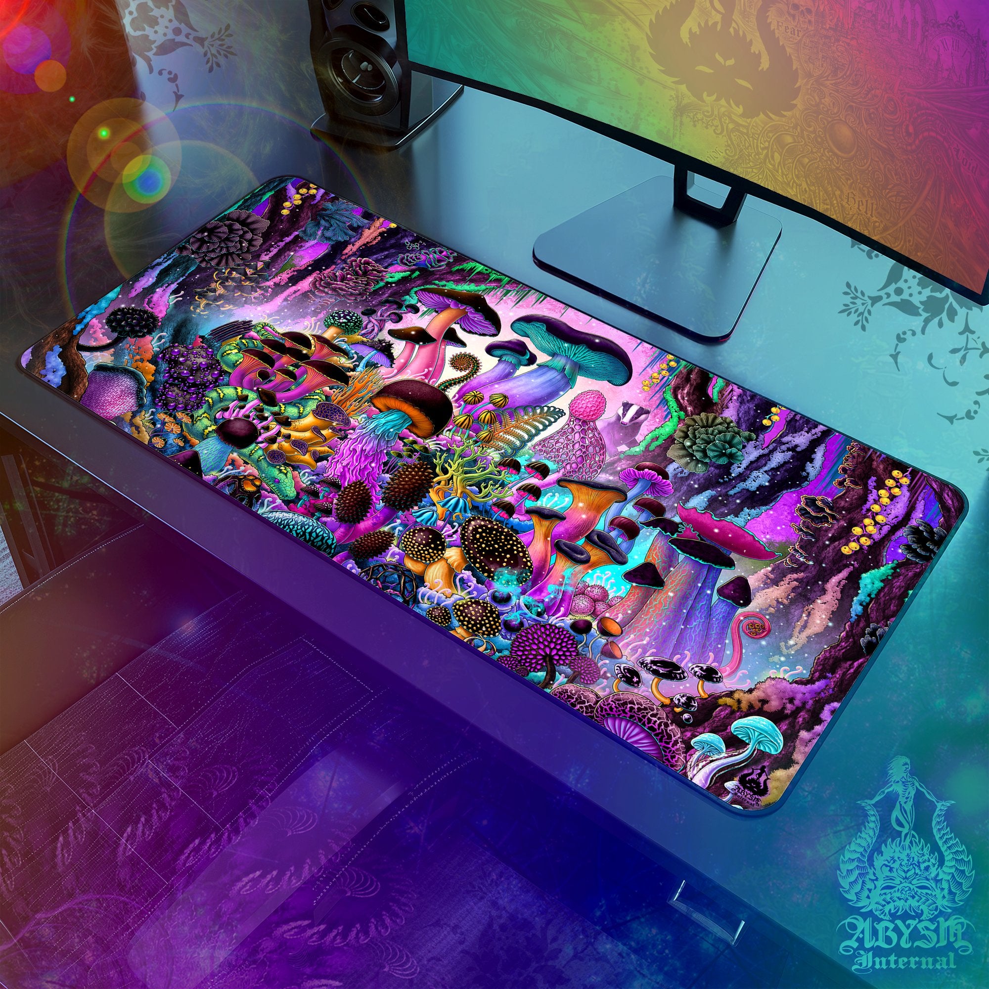 Mushrooms Gaming Mouse Pad, Magic Shrooms Desk Mat, Pastel Black Table Protector Cover, Colorful Workpad - Abysm Internal