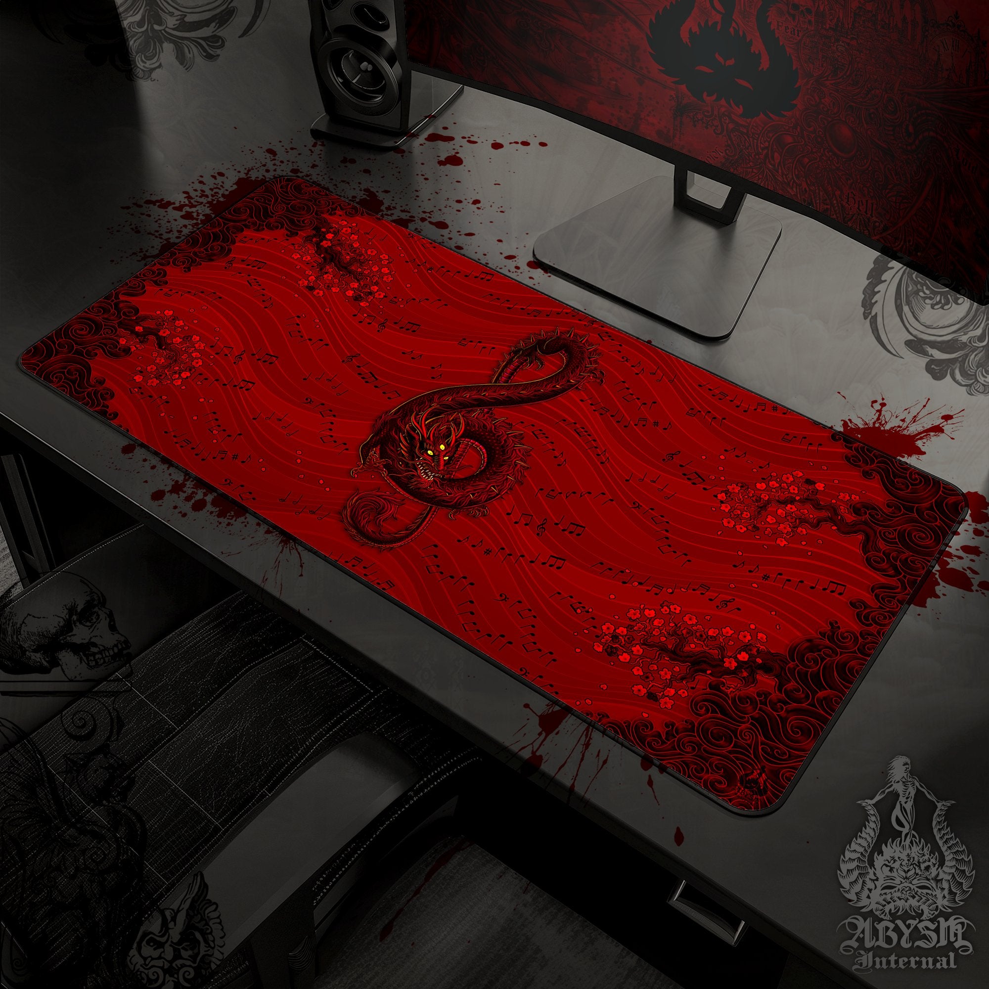 Music Desk Mat, Black Dragon Gaming Mouse Pad, Asian Table Protector Cover, Red Goth Workpad, Treble Clef Art Print - Demon - Abysm Internal