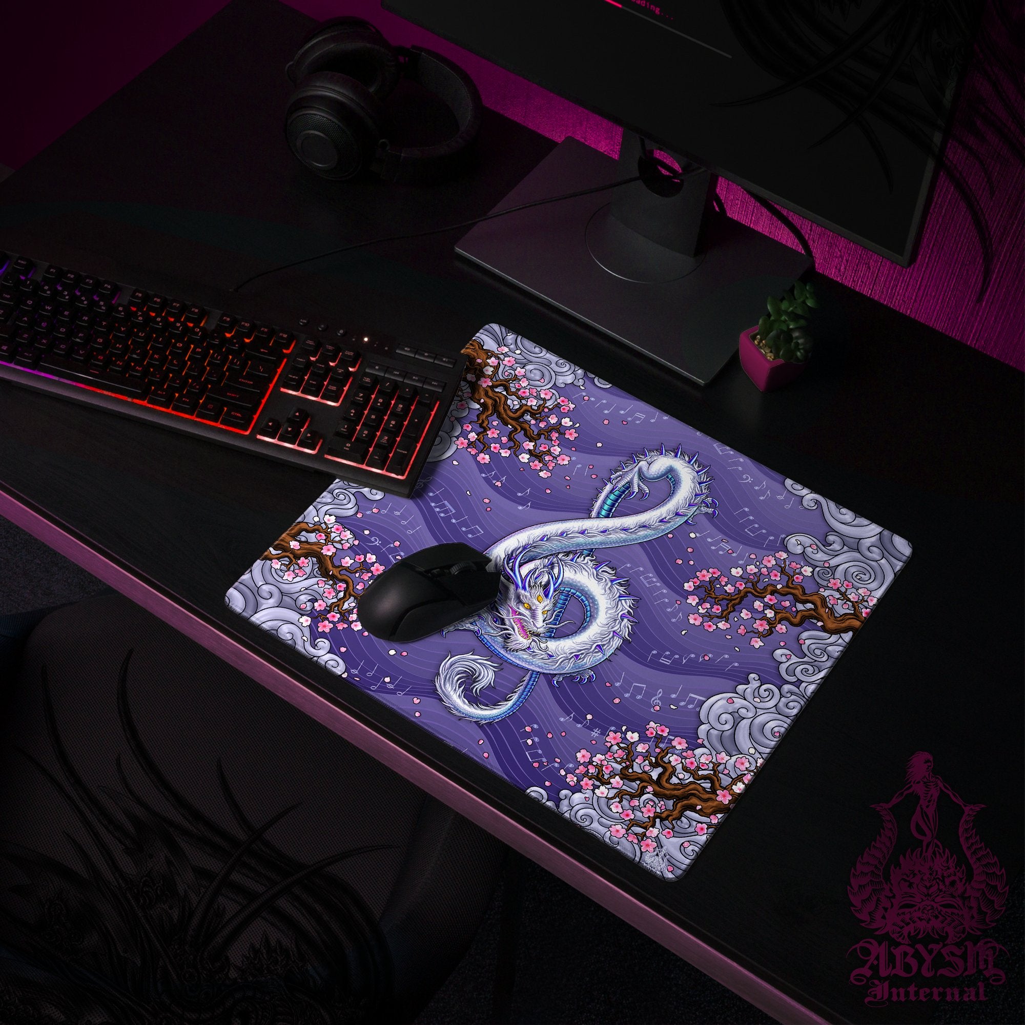 Music Gaming Desk Mat, Dragon Mouse Pad, Asian Table Protector Cover, Chinese Art Workpad, Treble Clef Print - Purple, Gold, Blue, 3 Colors - Abysm Internal