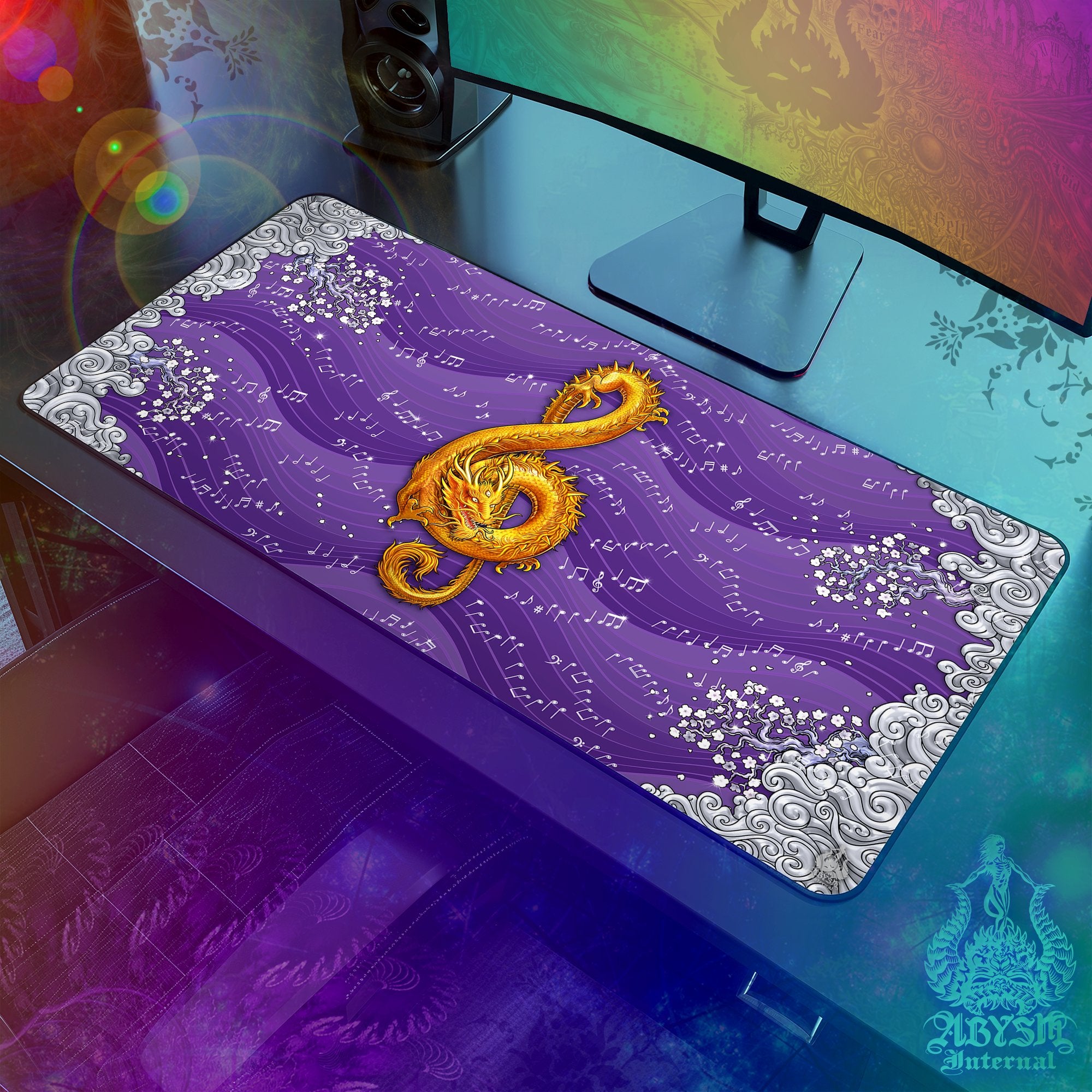 Music Gaming Desk Mat, Dragon Mouse Pad, Asian Table Protector Cover, Chinese Art Workpad, Treble Clef Print - Purple, Gold, Blue, 3 Colors - Abysm Internal