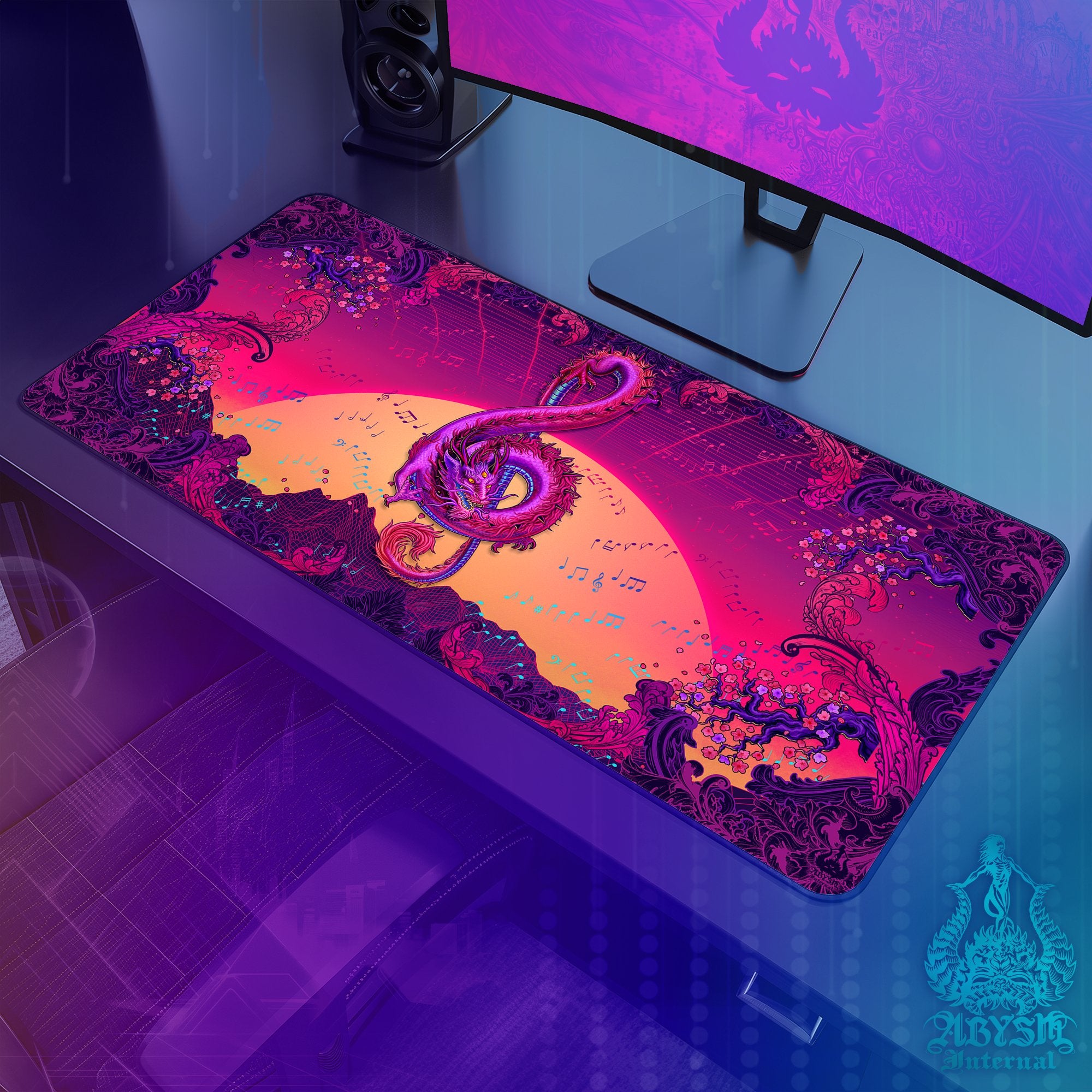 Music Gaming Desk Mat, Psychedelic Dragon Mouse Pad, Trippy Asian Table Protector Cover, Vaporwave Workpad, Treble Clef Art Print - Abysm Internal